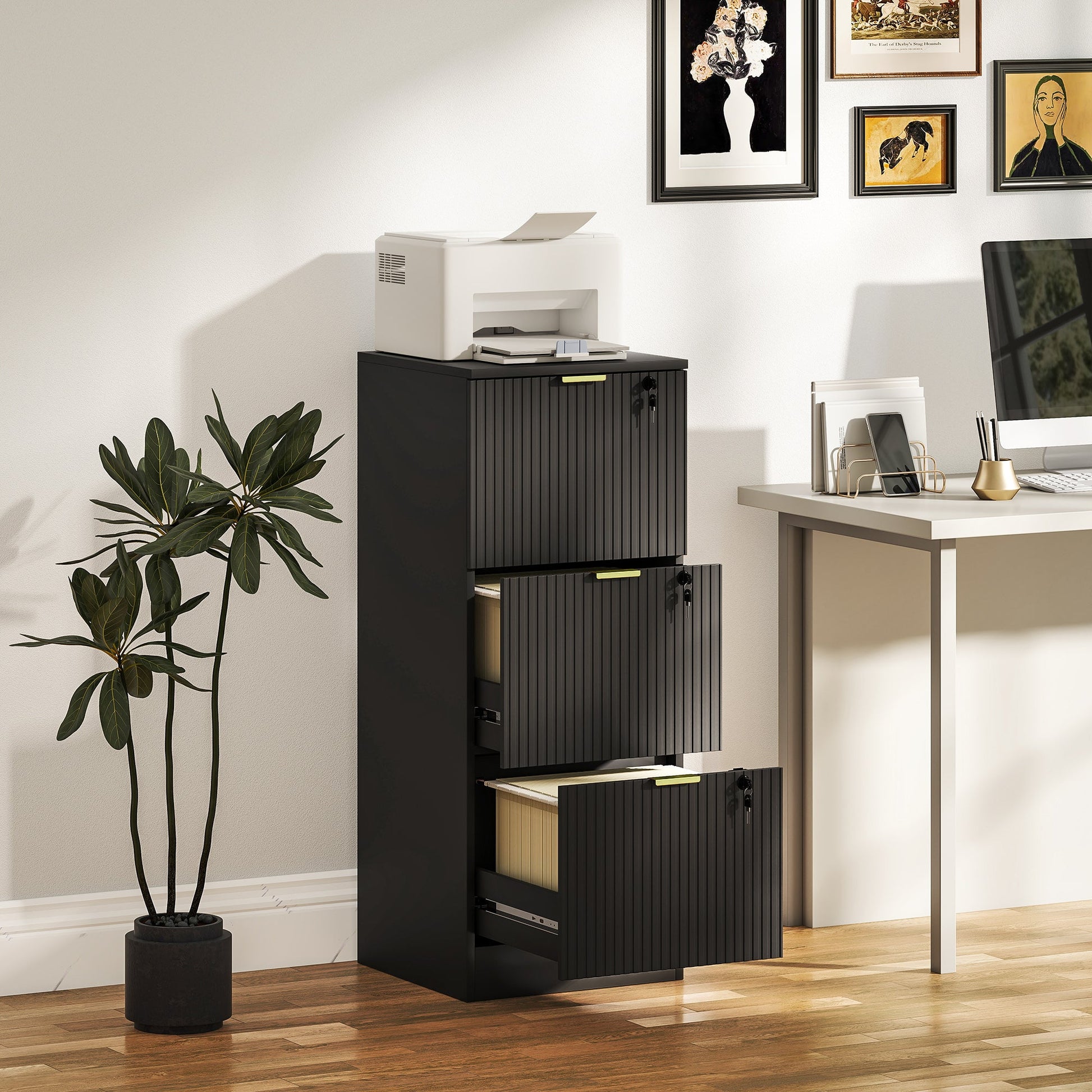 3 Drawer Filing Cabinet, Fluted Vertical File Cabinet with Lock and Adjustable Hanging Rails for A4 and Letter Size Files, Printer Stand with Storage, Black