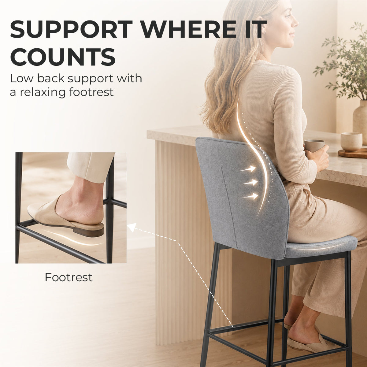 Set of 2 Velvet Bar Stools, Modern Tall Barstools with Footrest and Backrest for Kitchen Counter, Breakfast Bar, Grey