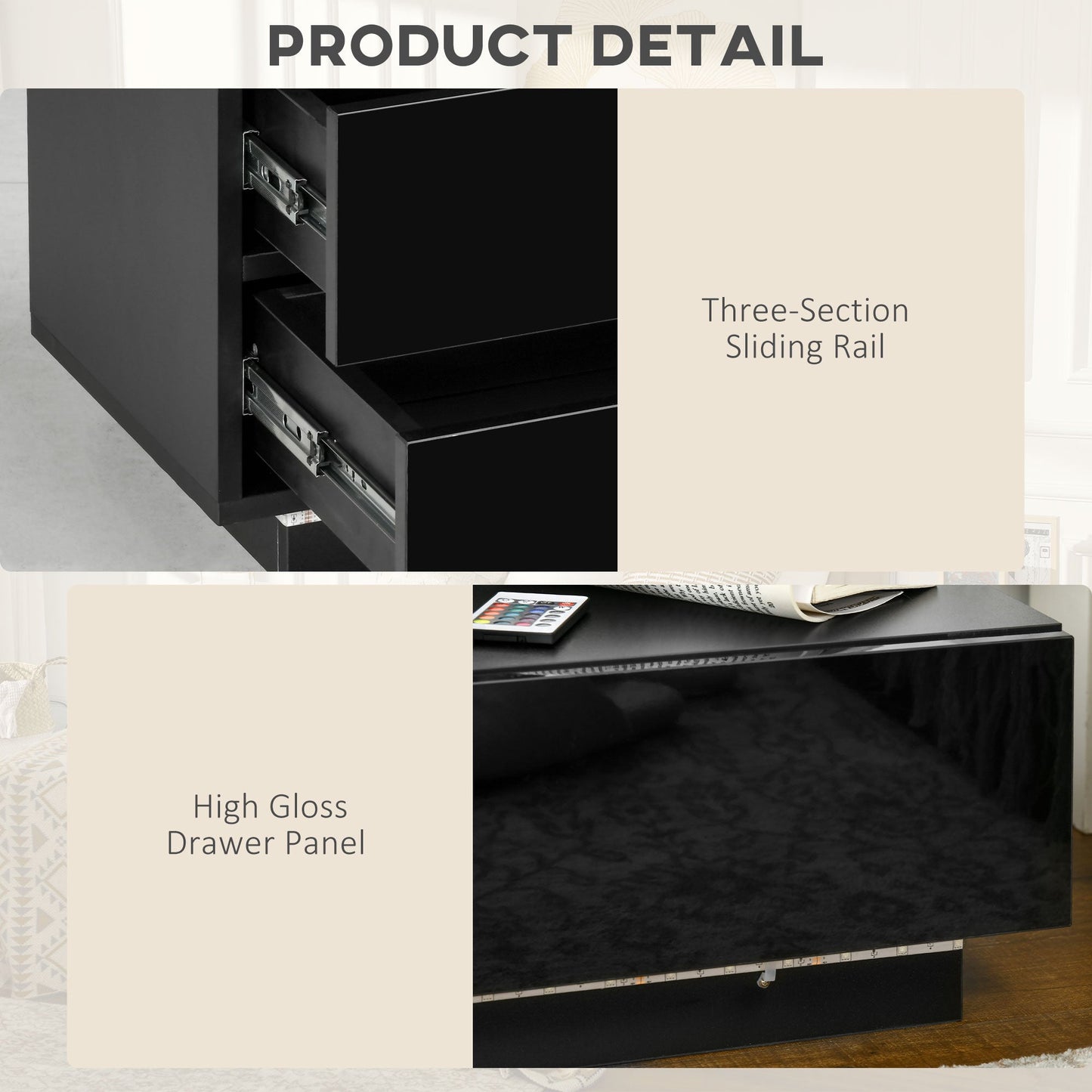 HOMCOM Bedside Table with LED Light, Nightstand with 2 Drawers and High Gloss Front, USB Powered Side Table with Remote for Bedroom, Living Room, Black