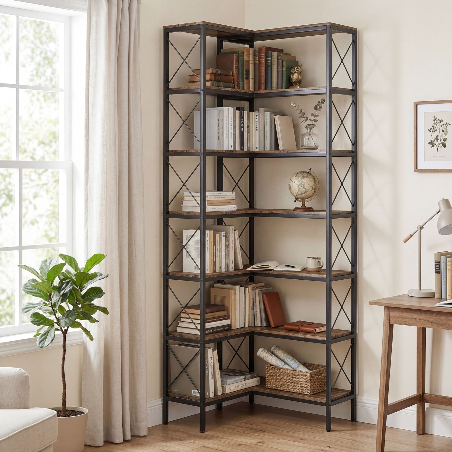 6-Tier Corner Bookshelf, L-Shaped Bookcase, Freestanding Display Shelf with Metal Frame for Living Room, Home Office, Bedroom, 60 x 60 x 200 cm, Rustic Brown