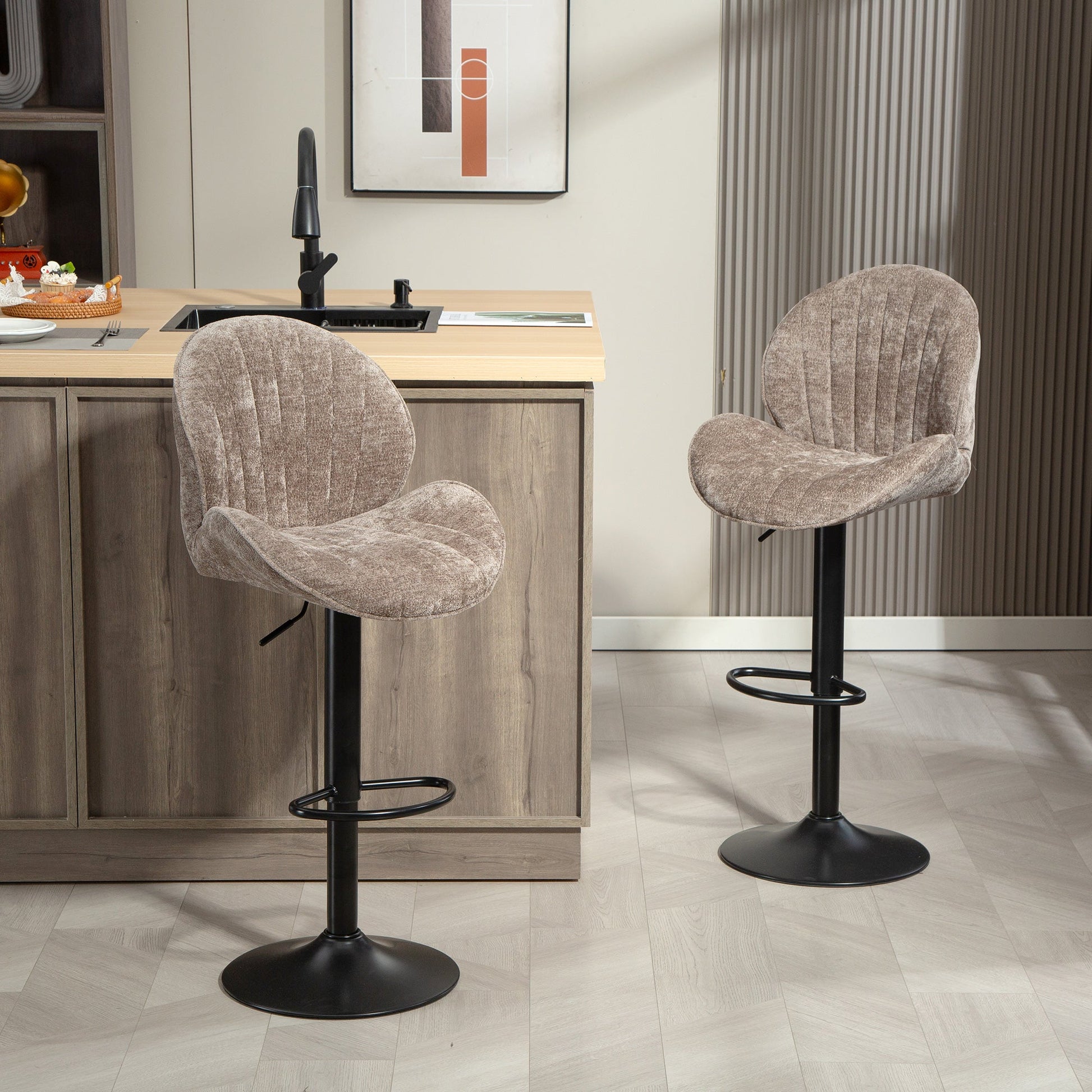 Bar Stools Set of 2, Swivel Counter Height Barstools with Back, Adjustable Height and Footrest, Chenille Upholstered Modern Bar Chairs for Kitchen Island, Dining Room, Brown
