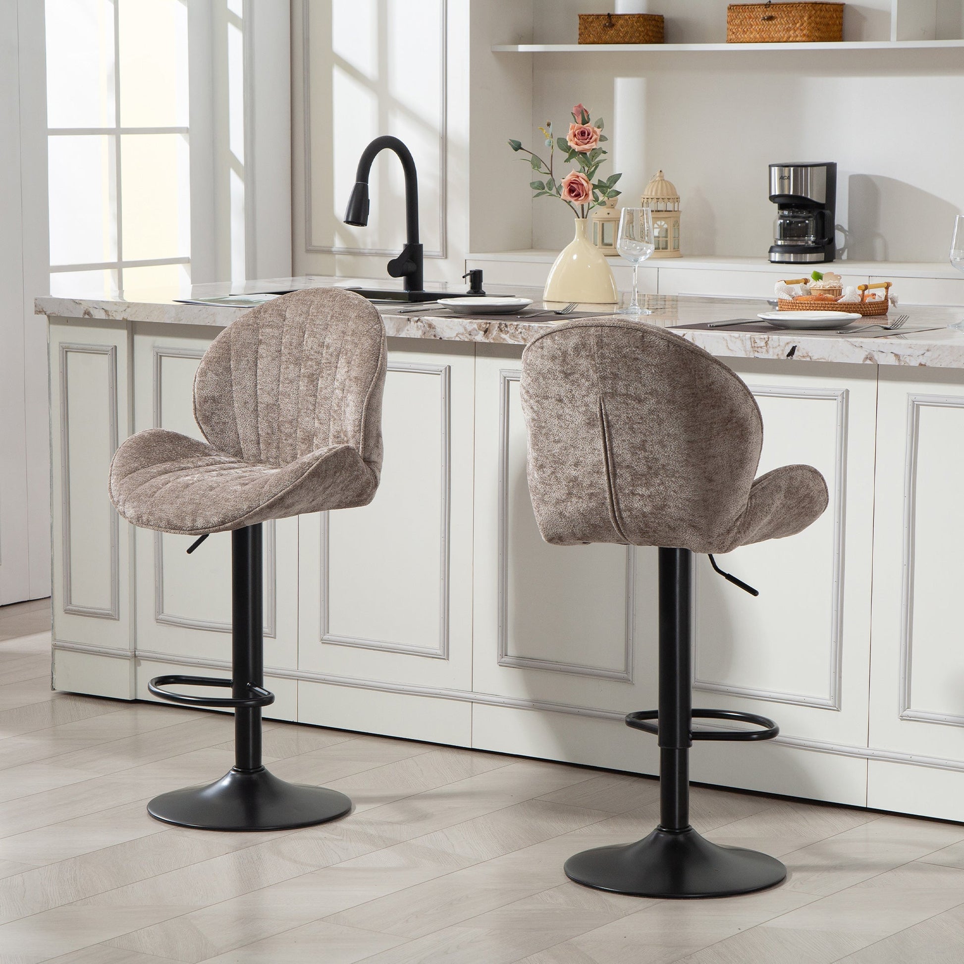 Bar Stools Set of 2, Swivel Counter Height Barstools with Back, Adjustable Height and Footrest, Chenille Upholstered Modern Bar Chairs for Kitchen Island, Dining Room, Brown