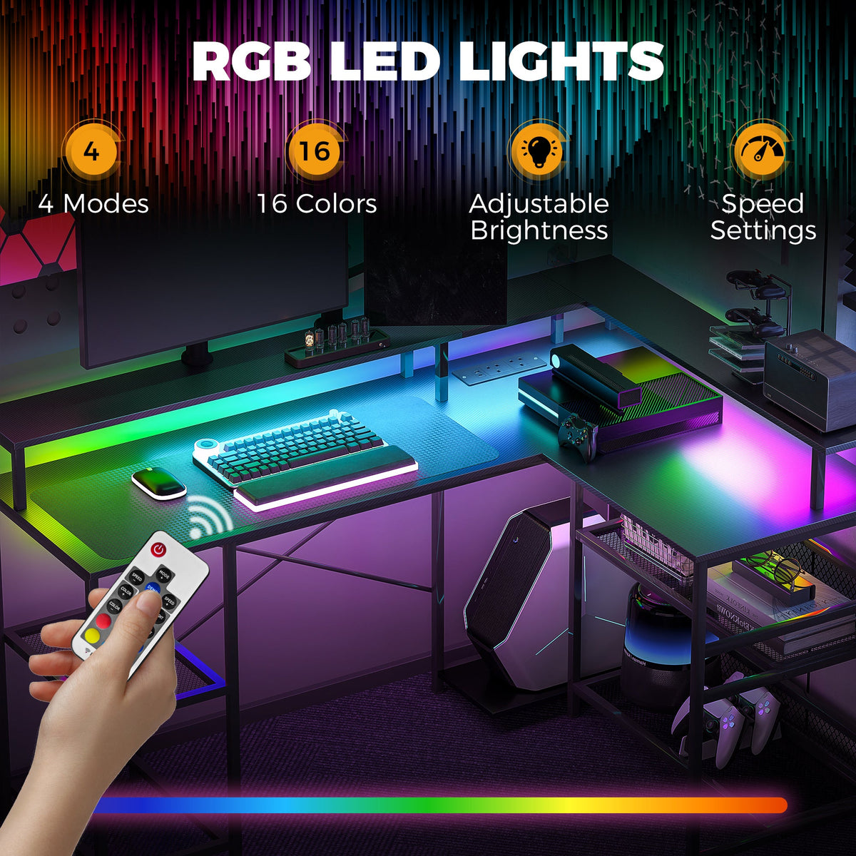L Shaped Gaming Desk with LED Lights and Power Outlets, 150cm Corner Computer Desk with Monitor Stand and Storage Shelves, Home Office Desk for Small Space, Black Gaming Texture