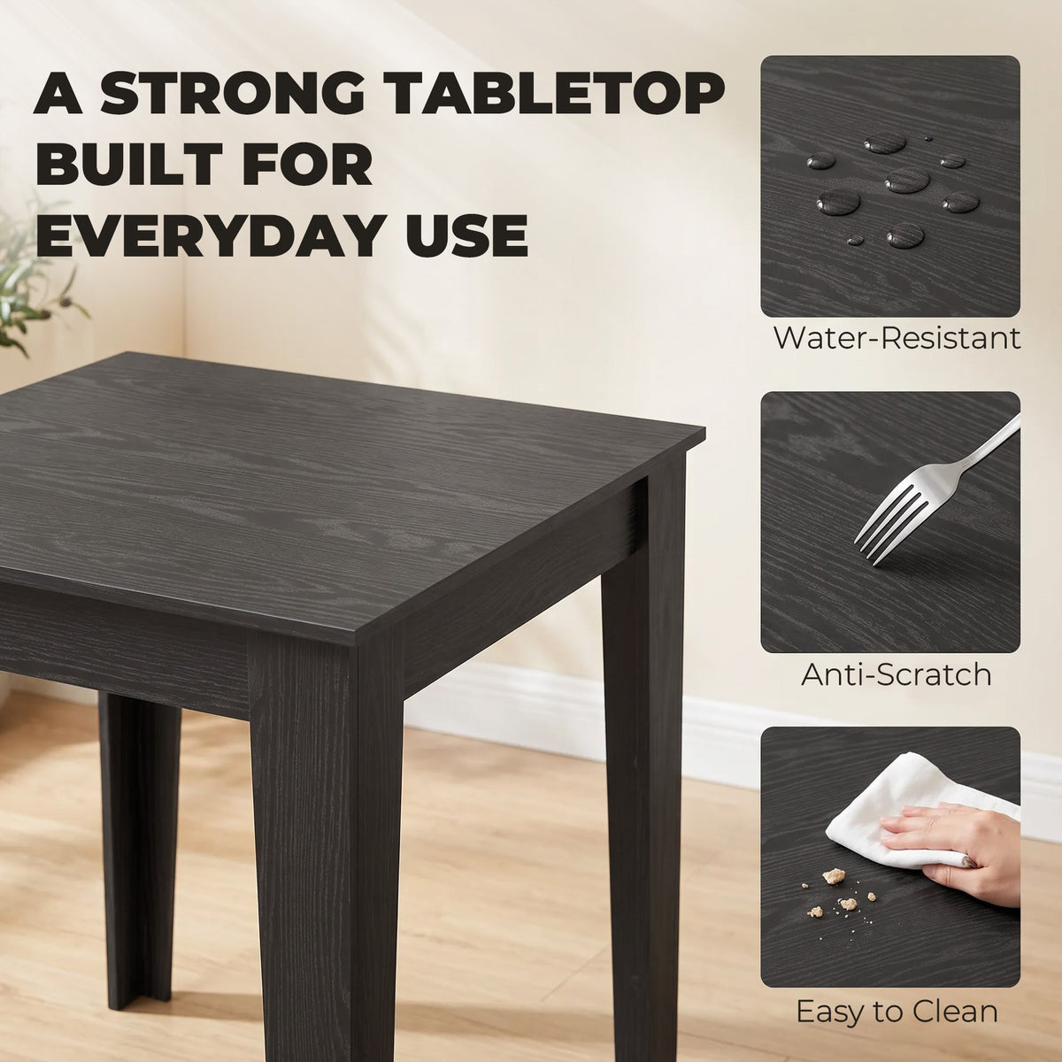 Dining Table for 4, 80L x 80W x 75Hcm, Modern Square Kitchen Table with Wood Effect Tabletop, for Dining Room, Kitchen, Living Room, Black Wood Effect