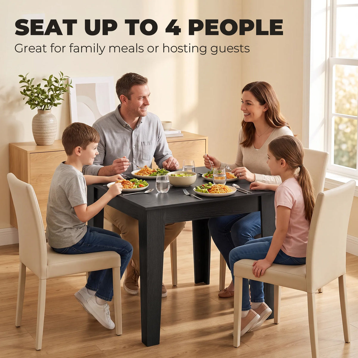 Dining Table for 4, 80L x 80W x 75Hcm, Modern Square Kitchen Table with Wood Effect Tabletop, for Dining Room, Kitchen, Living Room, Black Wood Effect