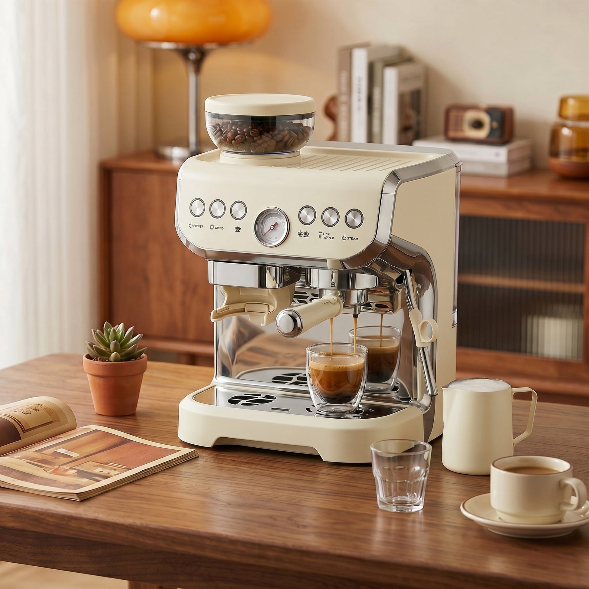 Espresso Machine with Integrated Bean Grinder & Steam Wand, Bean to Cup Coffee Machine with 15 Bar Italian Pump, 2L Water Tank, Cappuccino Maker, Stainless Steel, Cream White