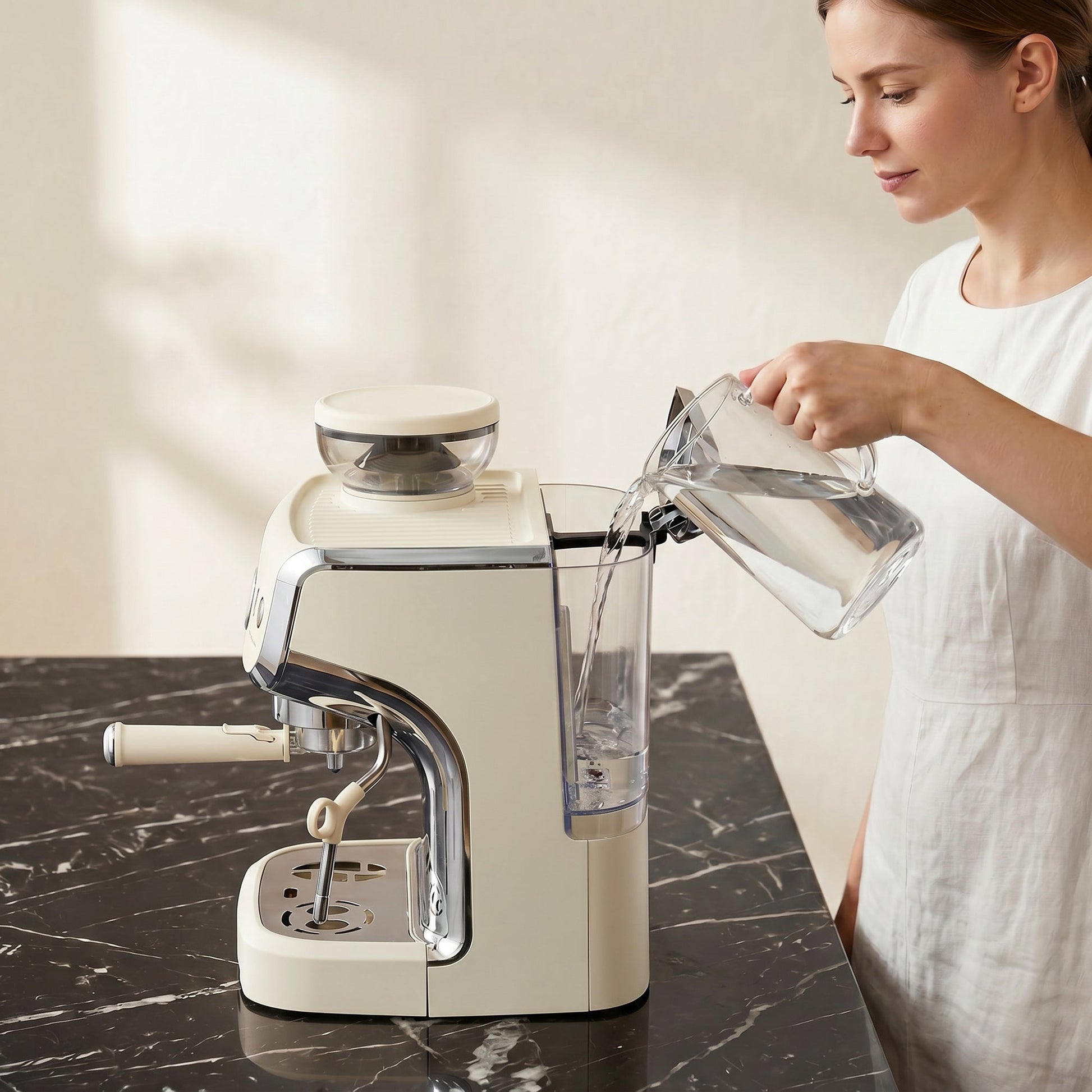Espresso Machine with Integrated Bean Grinder & Steam Wand, Bean to Cup Coffee Machine with 15 Bar Italian Pump, 2L Water Tank, Cappuccino Maker, Stainless Steel, Cream White
