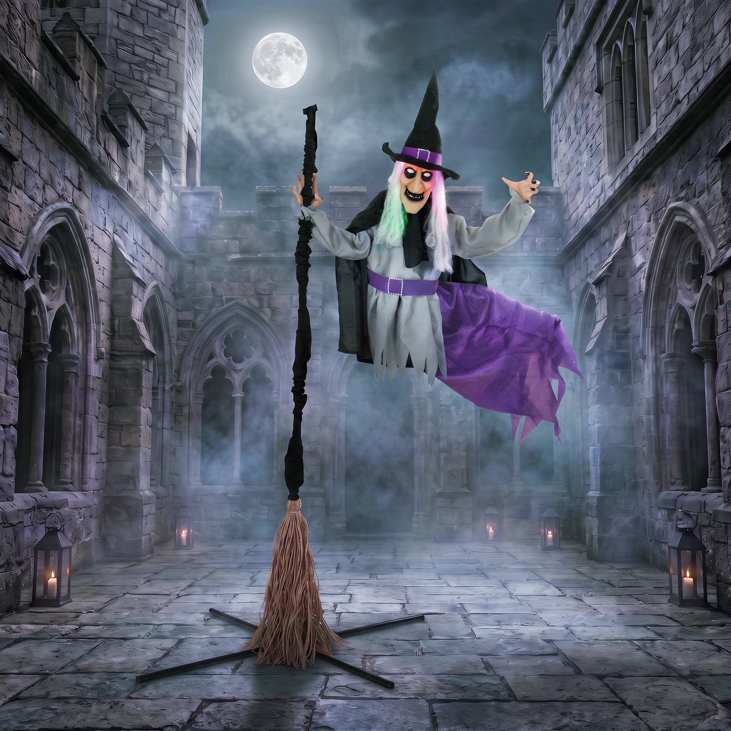 79"/200cm Life Size Animated Flying Witch Halloween Decorations Outdoor Indoor, Scary Halloween Animatronics Decor with Sound Touch Activated, Light Up Animated Prop for Yard Garden