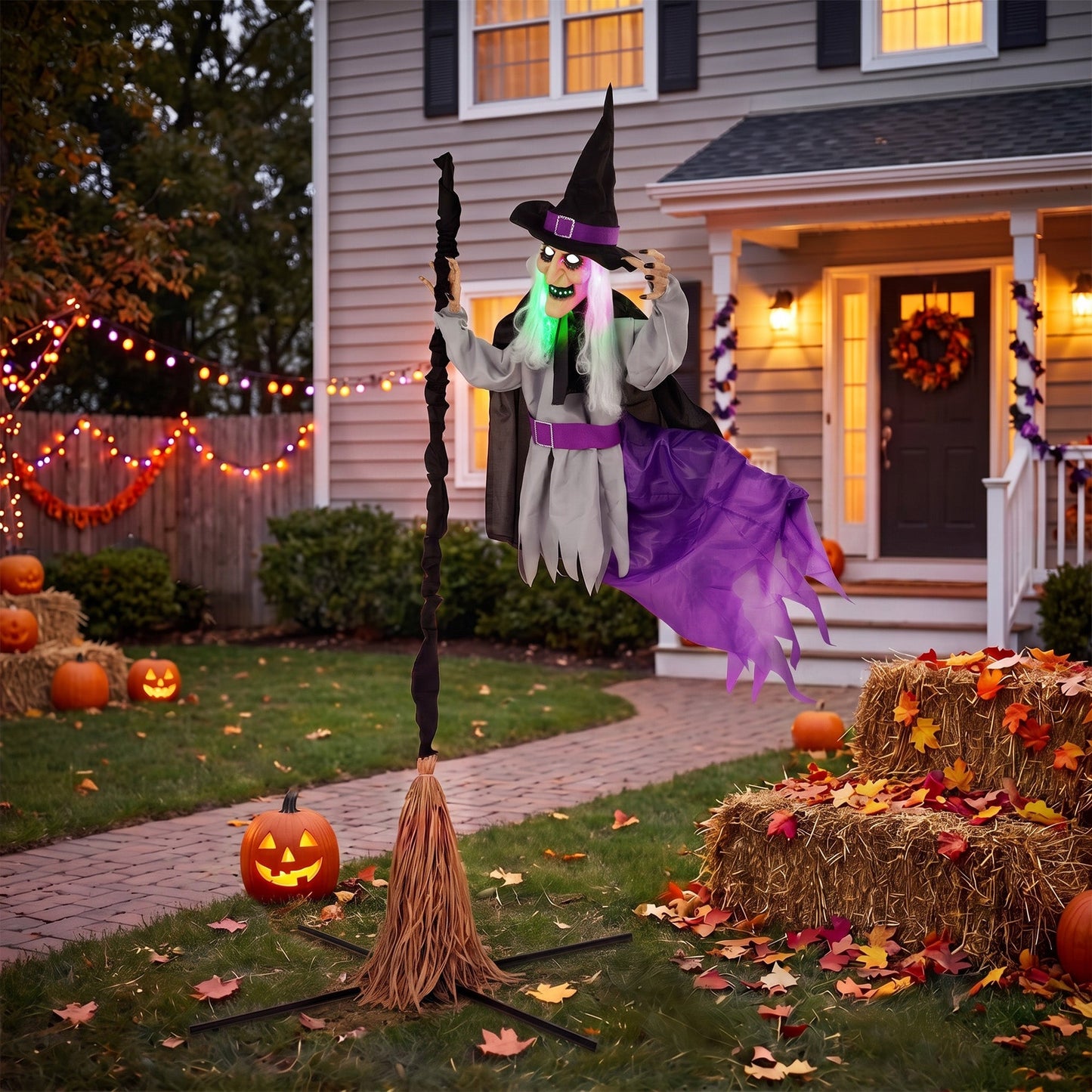 79"/200cm Life Size Animated Flying Witch Halloween Decorations Outdoor Indoor, Scary Halloween Animatronics Decor with Sound Touch Activated, Light Up Animated Prop for Yard Garden