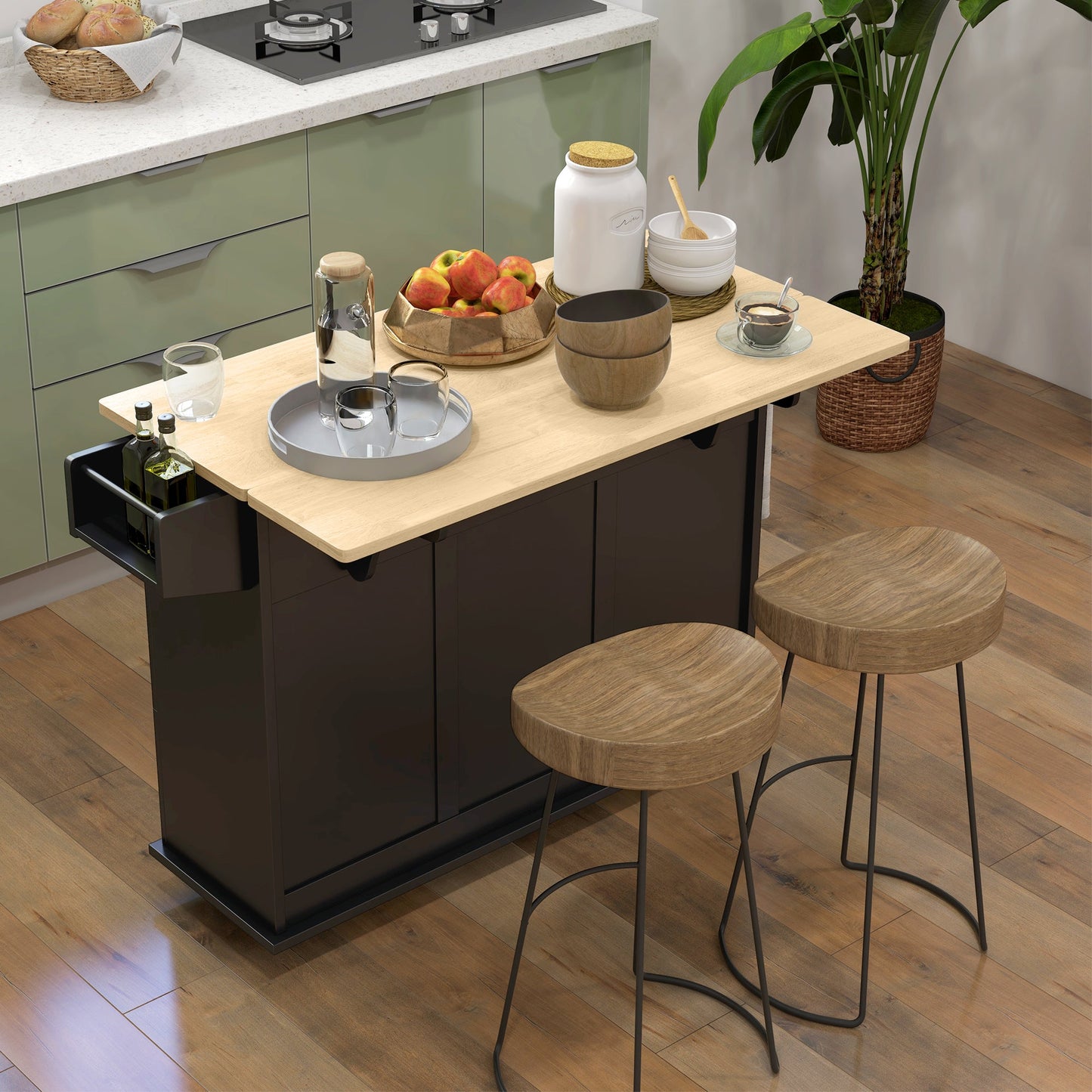 Kitchen Island with Drop Leaf, Rolling Kitchen Storage Trolley on Wheels with 3 Drawers, Spice Rack and Towel Rack, Storage Cart with Rubber Wood Top, Black