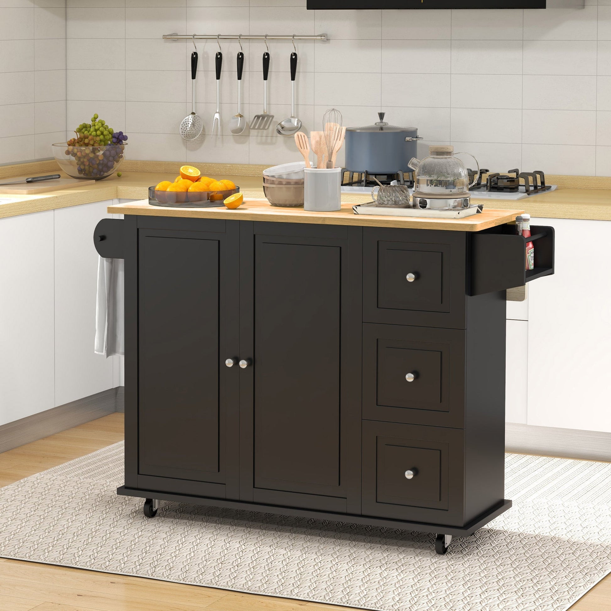 Kitchen Island with Drop Leaf, Rolling Kitchen Storage Trolley on Wheels with 3 Drawers, Spice Rack and Towel Rack, Storage Cart with Rubber Wood Top, Black
