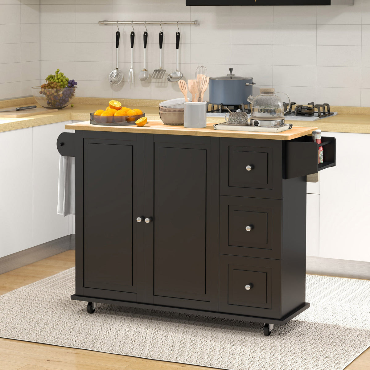 Kitchen Island with Drop Leaf, Rolling Kitchen Storage Trolley on Wheels with 3 Drawers, Spice Rack and Towel Rack, Storage Cart with Rubber Wood Top, Black