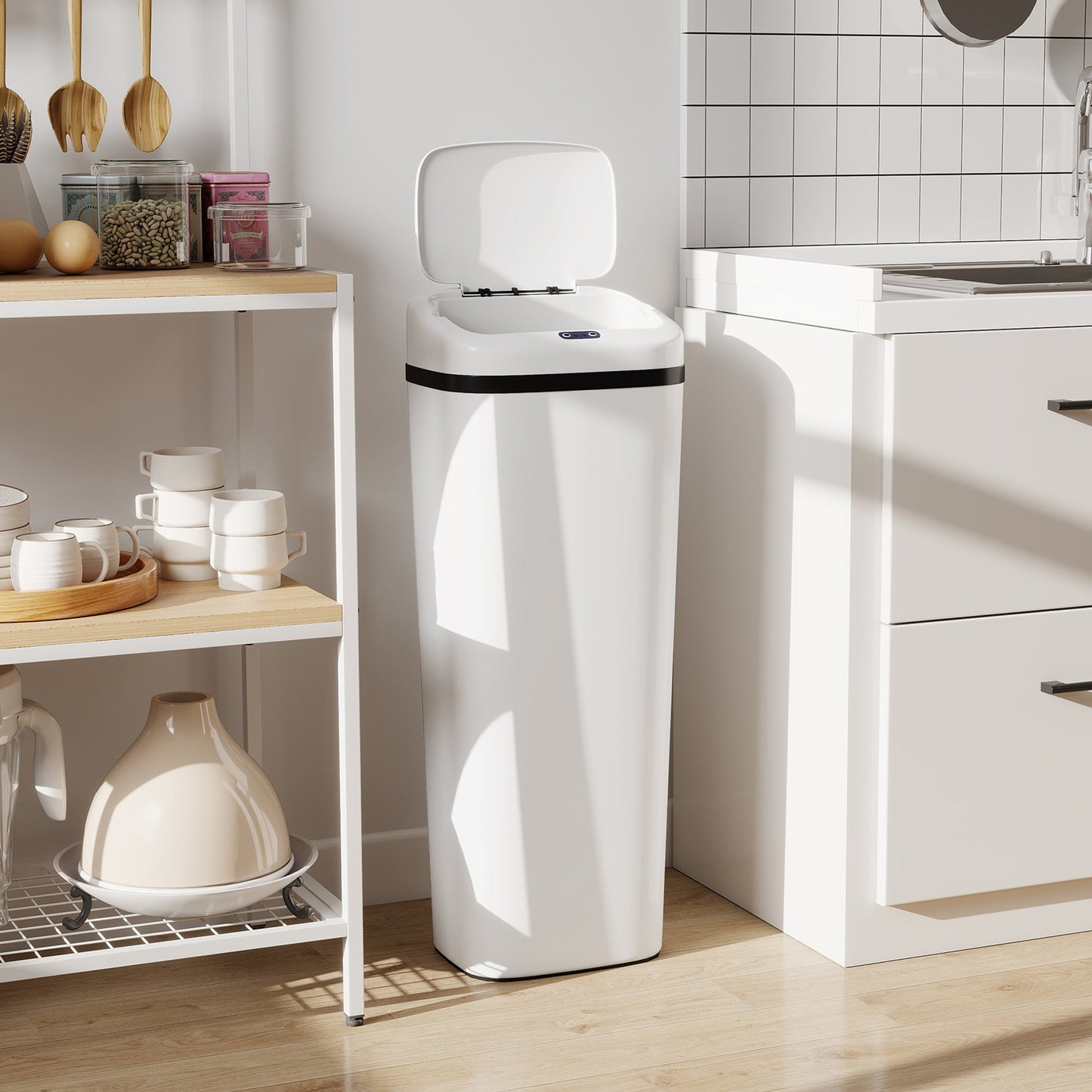 50L Sensor Bin, Stainless Steel Automatic Touchless Slim Kitchen Bin with Dual-Mode Opening, Fingerprint-Proof, Easy Clean, Battery Operated for Home Office, Bedroom, Bathroom, White