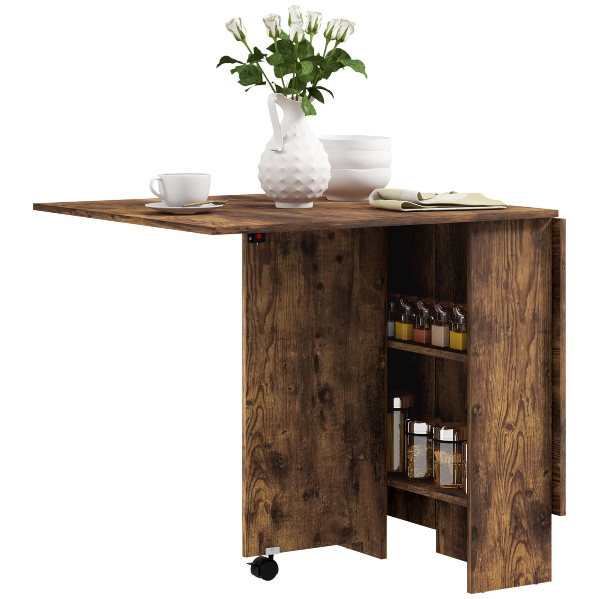 80-140 cm Folding Dining Table for 4-6 People, Drop Leaf Table with 2-Tier Shelves, Rolling Casters, for Small Spaces, Kitchen, Flat, Dining Room, Rustic Brown