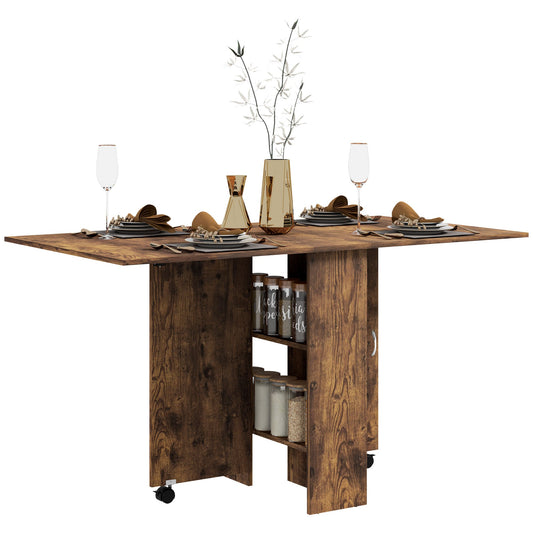 80-140 cm Folding Dining Table for 4-6 People, Drop Leaf Table with 2-Tier Shelves, Rolling Casters, for Small Spaces, Kitchen, Flat, Dining Room, Rustic Brown