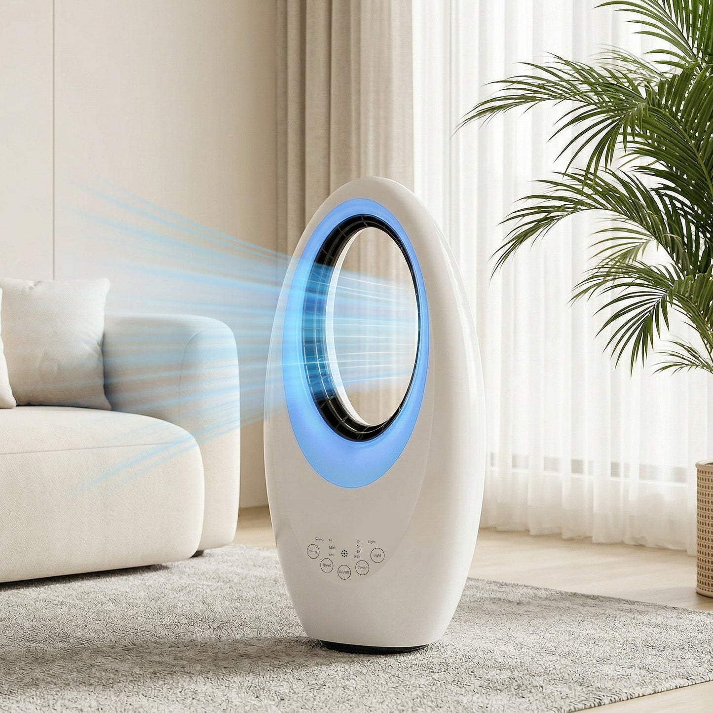 Bladeless Tower Fan for Bedroom, 36dB Standing Cooling Fan with 60° Oscillating, LED Lights, 3 Speeds, 7.5H Timer, Remote Control, White