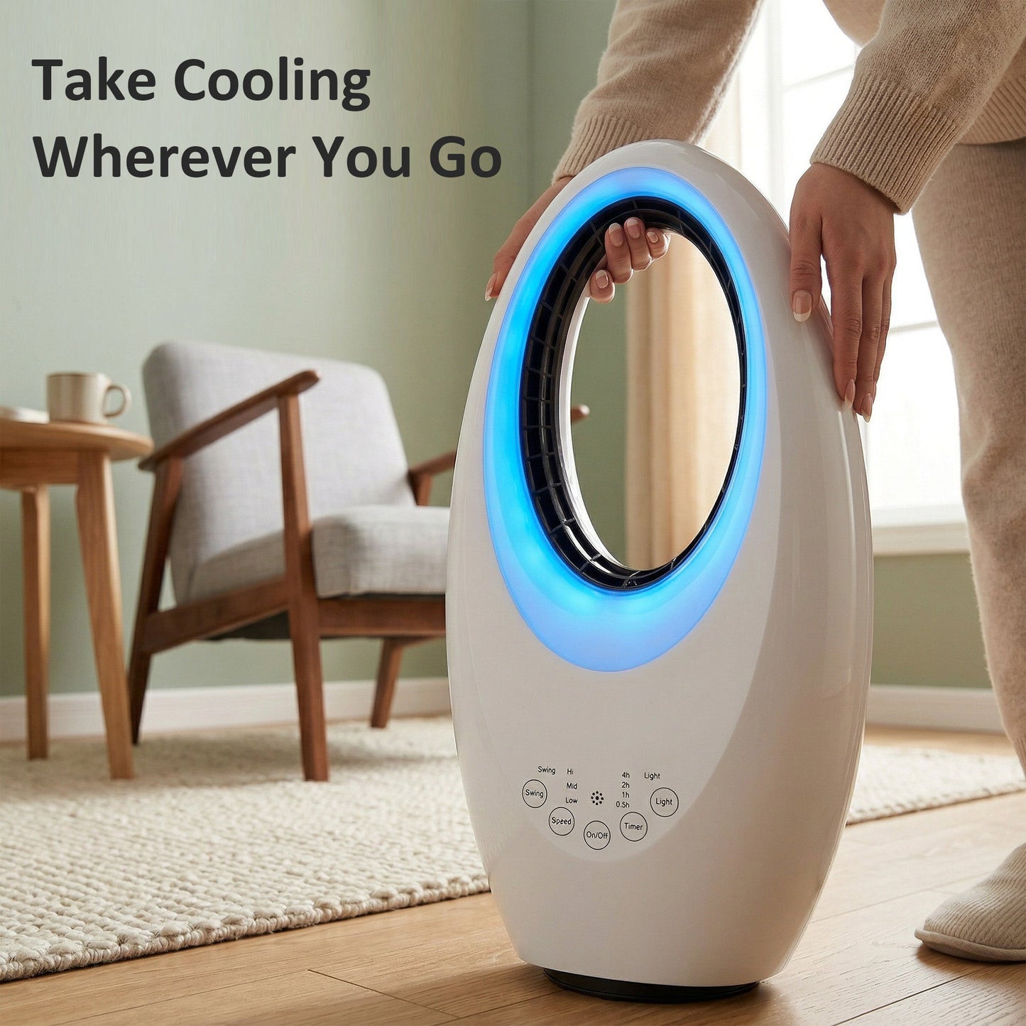 Bladeless Tower Fan for Bedroom, 36dB Standing Cooling Fan with 60° Oscillating, LED Lights, 3 Speeds, 7.5H Timer, Remote Control, White