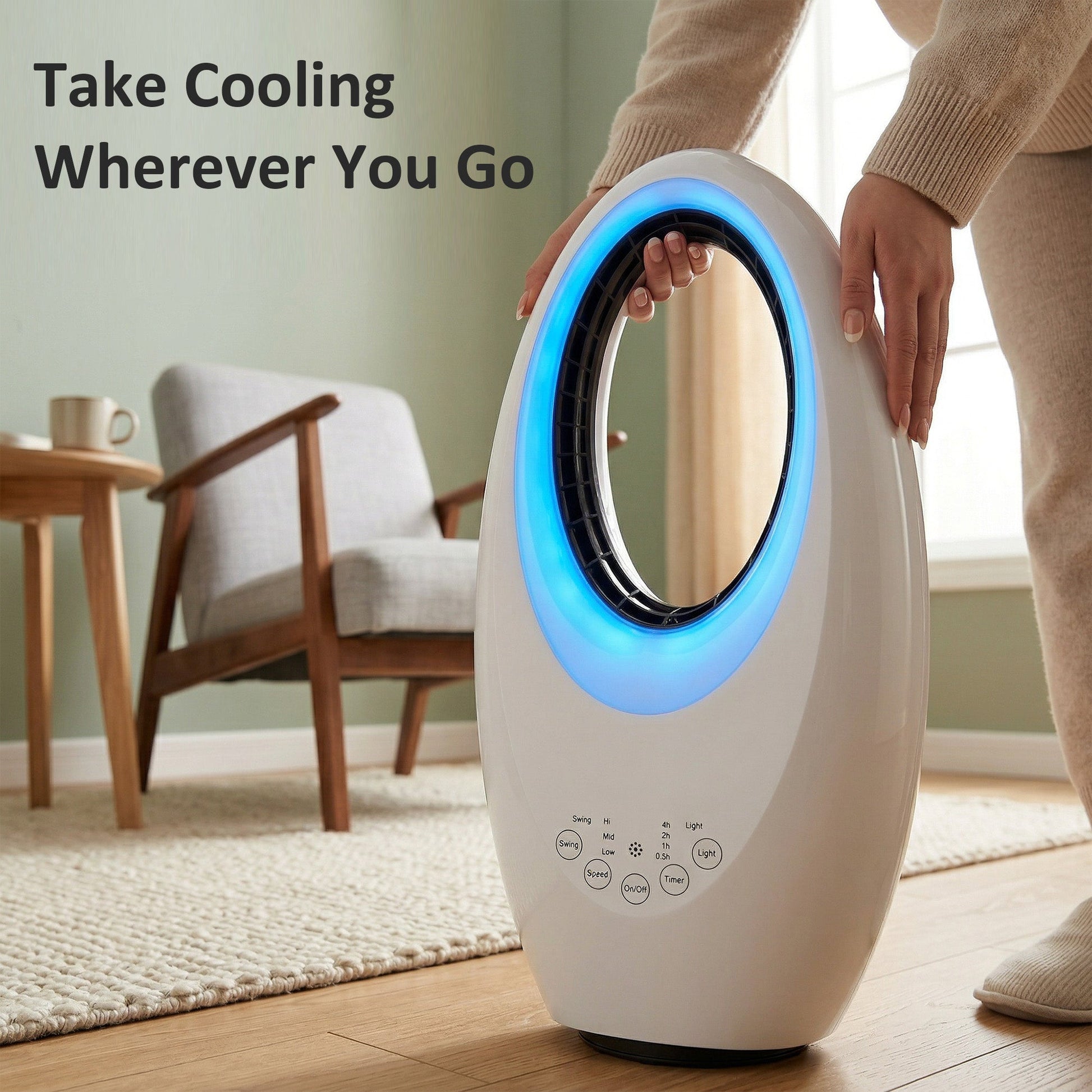 Bladeless Tower Fan for Bedroom, 36dB Standing Cooling Fan with 60° Oscillating, LED Lights, 3 Speeds, 7.5H Timer, Remote Control, White
