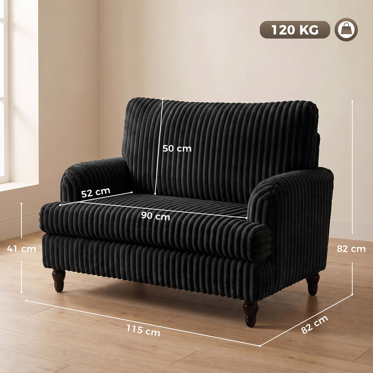 Modern Accent Chair, Corduroy Single Sofa Armchair with Stripes, Turned Legs and Wide Seat, Upholstered Snuggle Chair for Living Room, Bedroom, Black