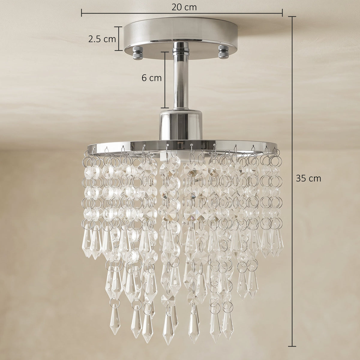 Crystal Ceiling Light with 57 Crystal Strands, Modern Ceiling Light with Mounting Plate for Bedroom, Dining Room, Hallway, Silver Tone, Bulb Not Included