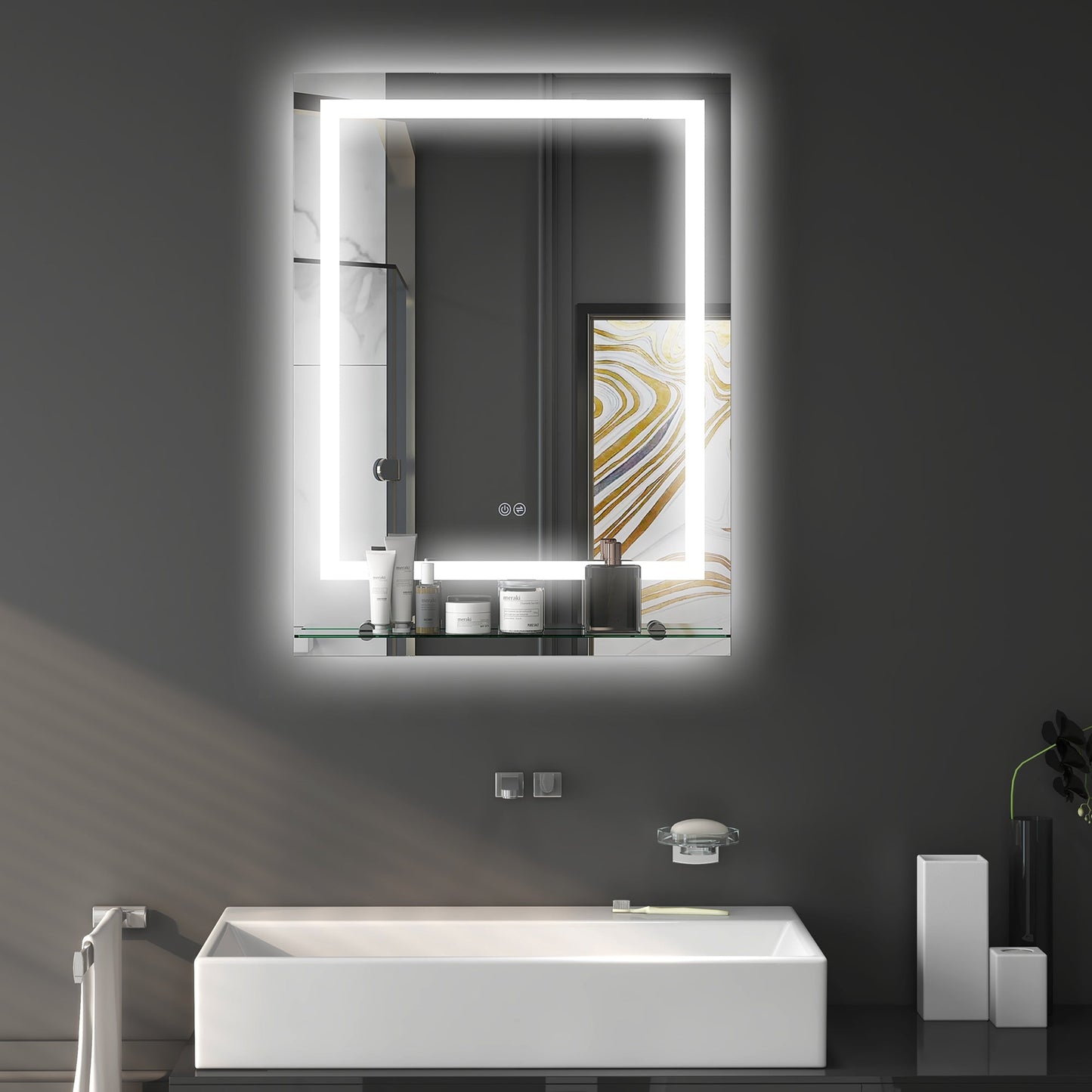 kleankin Bathroom Mirror with LED Lights, Dimmable Makeup Mirror with Storage Shelf, 3 Temperature Colours, Defogging Film and Memory Function, Hardwired, 70 x 50cm