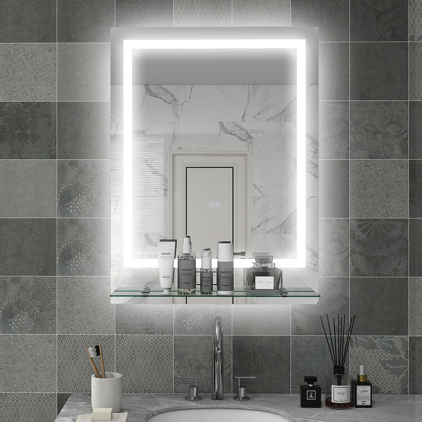 kleankin Bathroom Mirror with LED Lights, Dimmable Makeup Mirror with Storage Shelf, 3 Temperature Colours, Defogging Film and Memory Function, Hardwired, 70 x 50cm