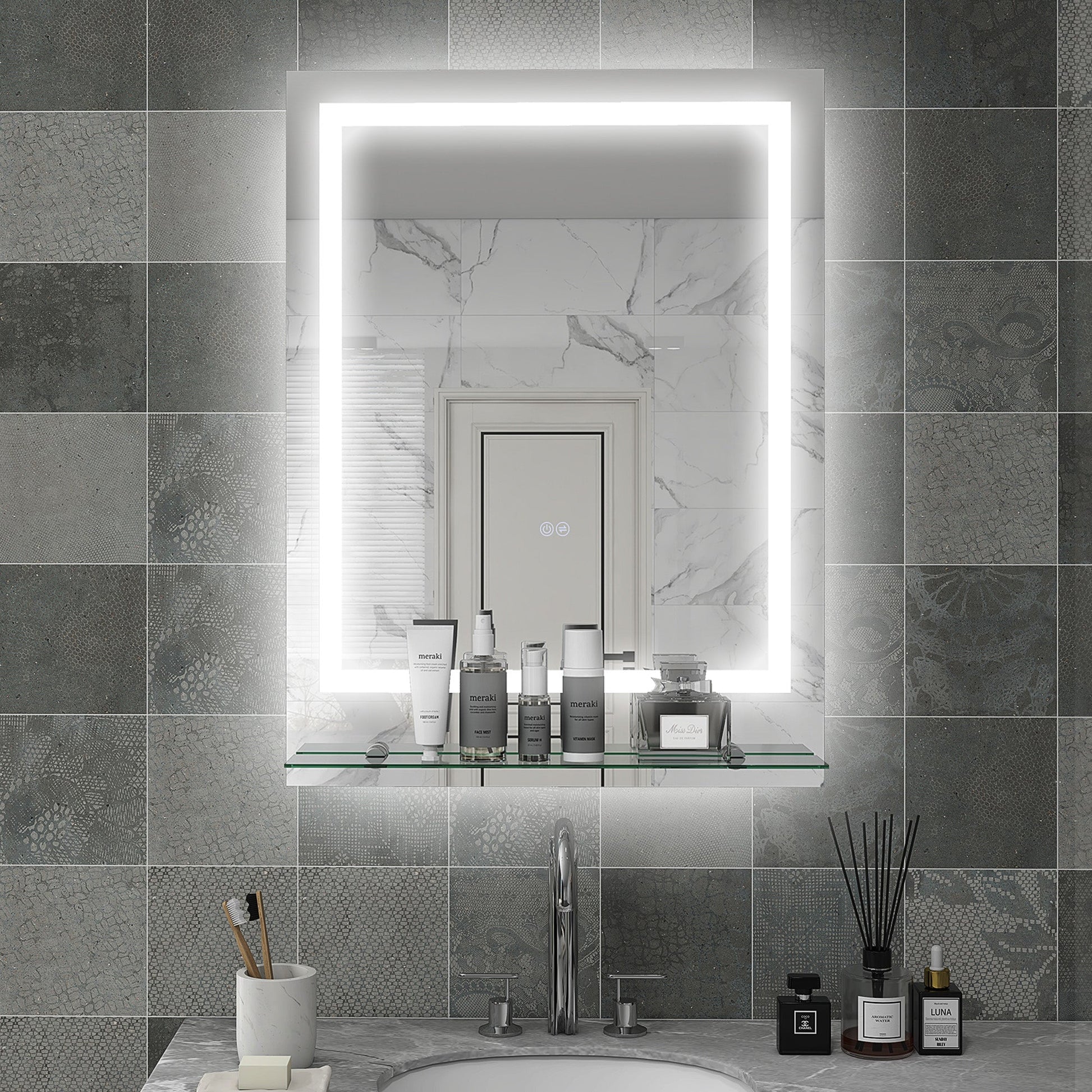 kleankin Bathroom Mirror with LED Lights, Dimmable Makeup Mirror with Storage Shelf, 3 Temperature Colours, Defogging Film and Memory Function, Hardwired, 70 x 50cm