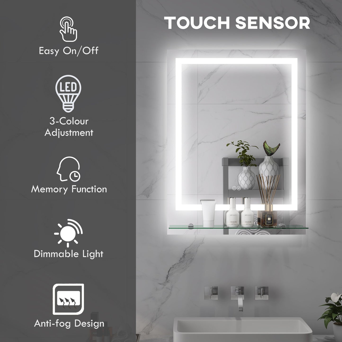kleankin Bathroom Mirror with LED Lights, Dimmable Makeup Mirror with Storage Shelf, 3 Temperature Colours, Defogging Film and Memory Function, Hardwired, 70 x 50cm