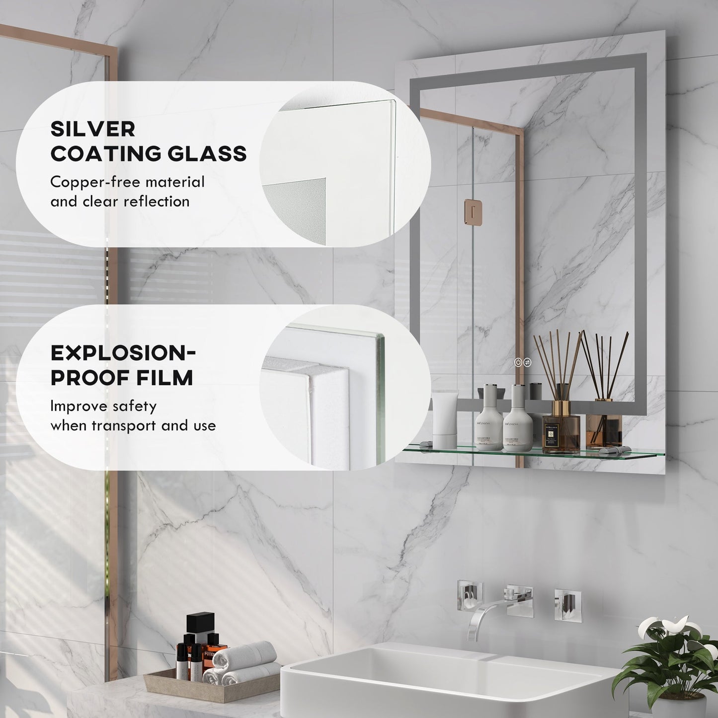 kleankin Bathroom Mirror with LED Lights, Dimmable Makeup Mirror with Storage Shelf, 3 Temperature Colours, Defogging Film and Memory Function, Hardwired, 70 x 50cm