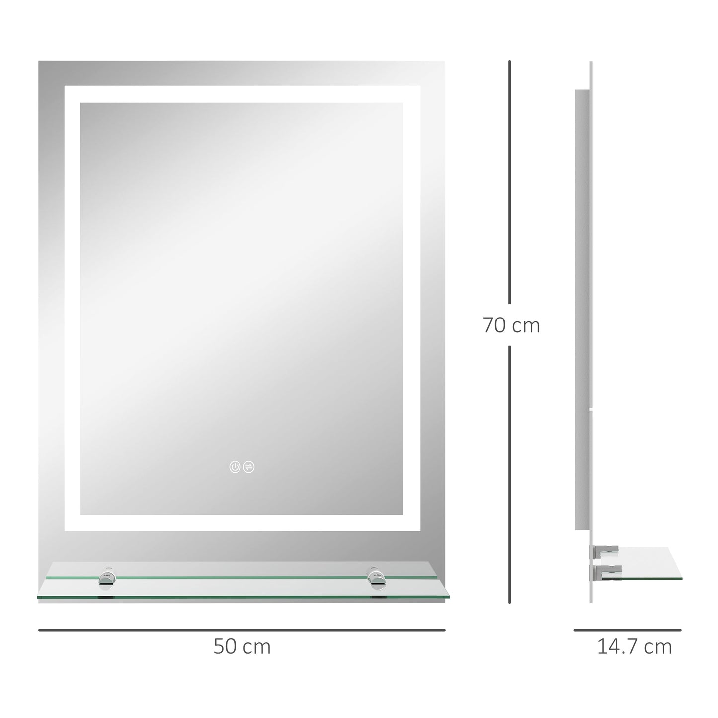 kleankin Bathroom Mirror with LED Lights, Dimmable Makeup Mirror with Storage Shelf, 3 Temperature Colours, Defogging Film and Memory Function, Hardwired, 70 x 50cm
