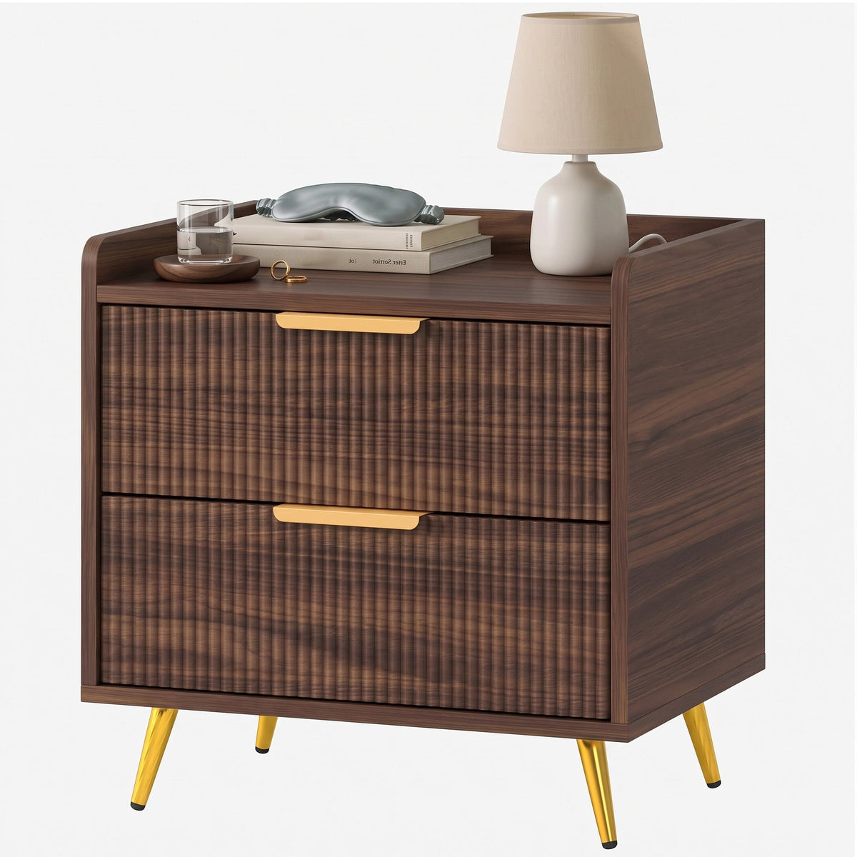 Bedside Table, Bedside Cabinet with 2 Drawers, Side End Table with Metal Legs for Bedroom Living Room, Walnut Brown