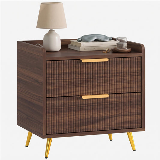 Bedside Table, Bedside Cabinet with 2 Drawers, Side End Table with Metal Legs for Bedroom Living Room, Walnut Brown