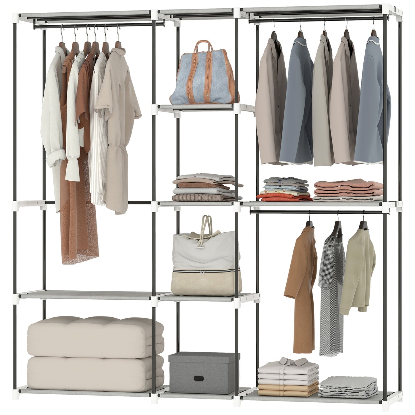 Portable Wardrobe, Open Clothes Wardrobe with 8 Shelves, 3 Hanging Rails, Freestanding Coat Rack Organiser, 182 x 43 x 185cm, Light Grey
