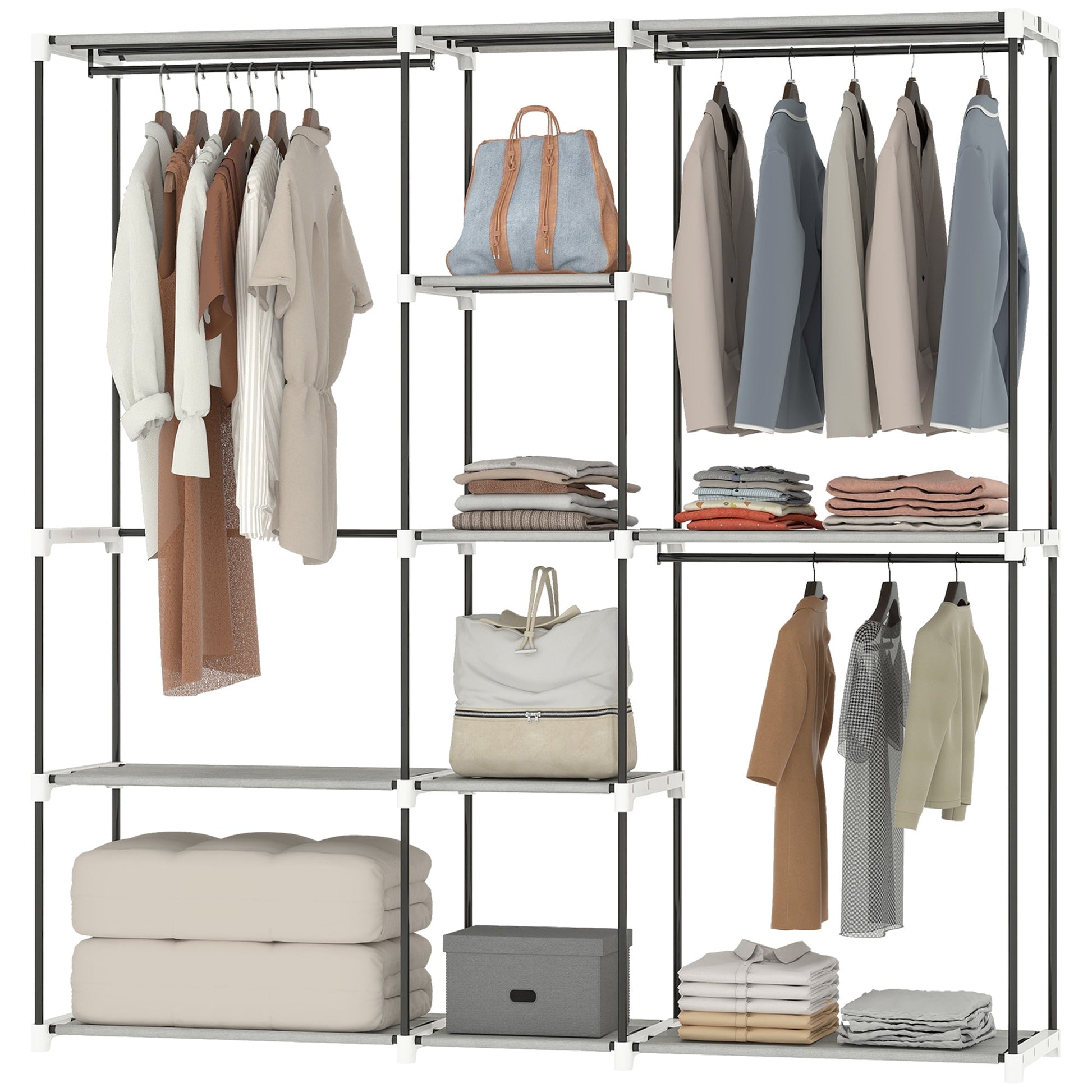 Portable Wardrobe, Open Clothes Wardrobe with 8 Shelves, 3 Hanging Rails, Freestanding Coat Rack Organiser, 182 x 43 x 185cm, Light Grey