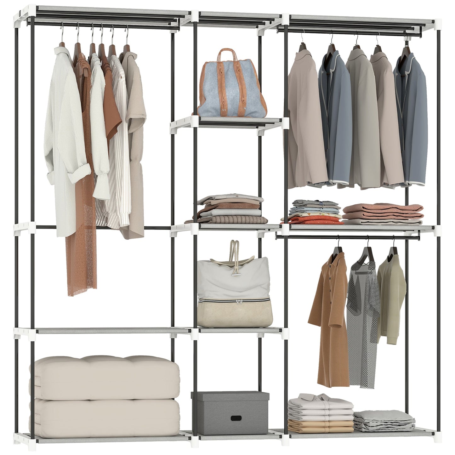 Portable Wardrobe, Open Clothes Wardrobe with 8 Shelves, 3 Hanging Rails, Freestanding Coat Rack Organiser, 182 x 43 x 185cm, Light Grey