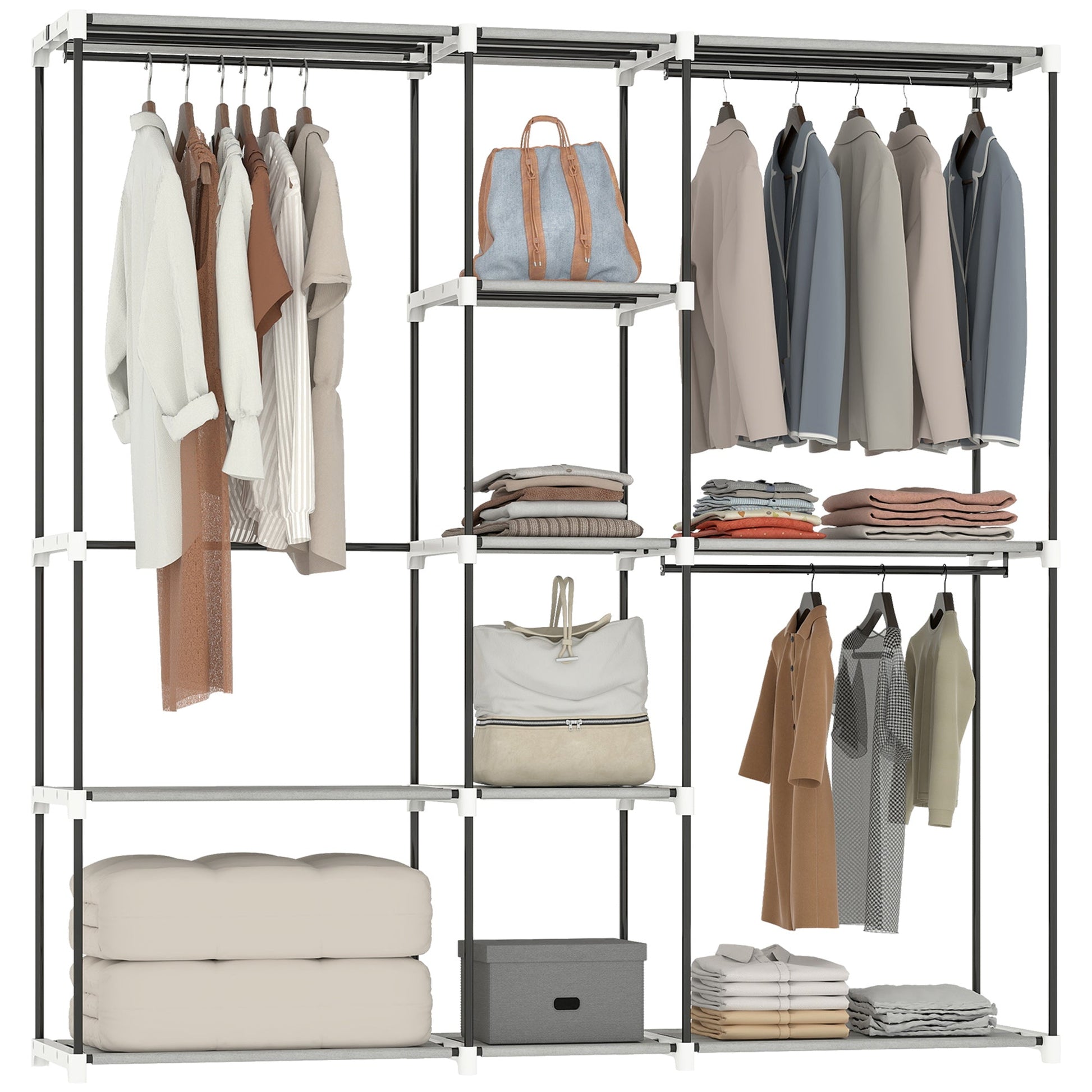 Portable Wardrobe, Open Clothes Wardrobe with 8 Shelves, 3 Hanging Rails, Freestanding Coat Rack Organiser, 182 x 43 x 185cm, Light Grey