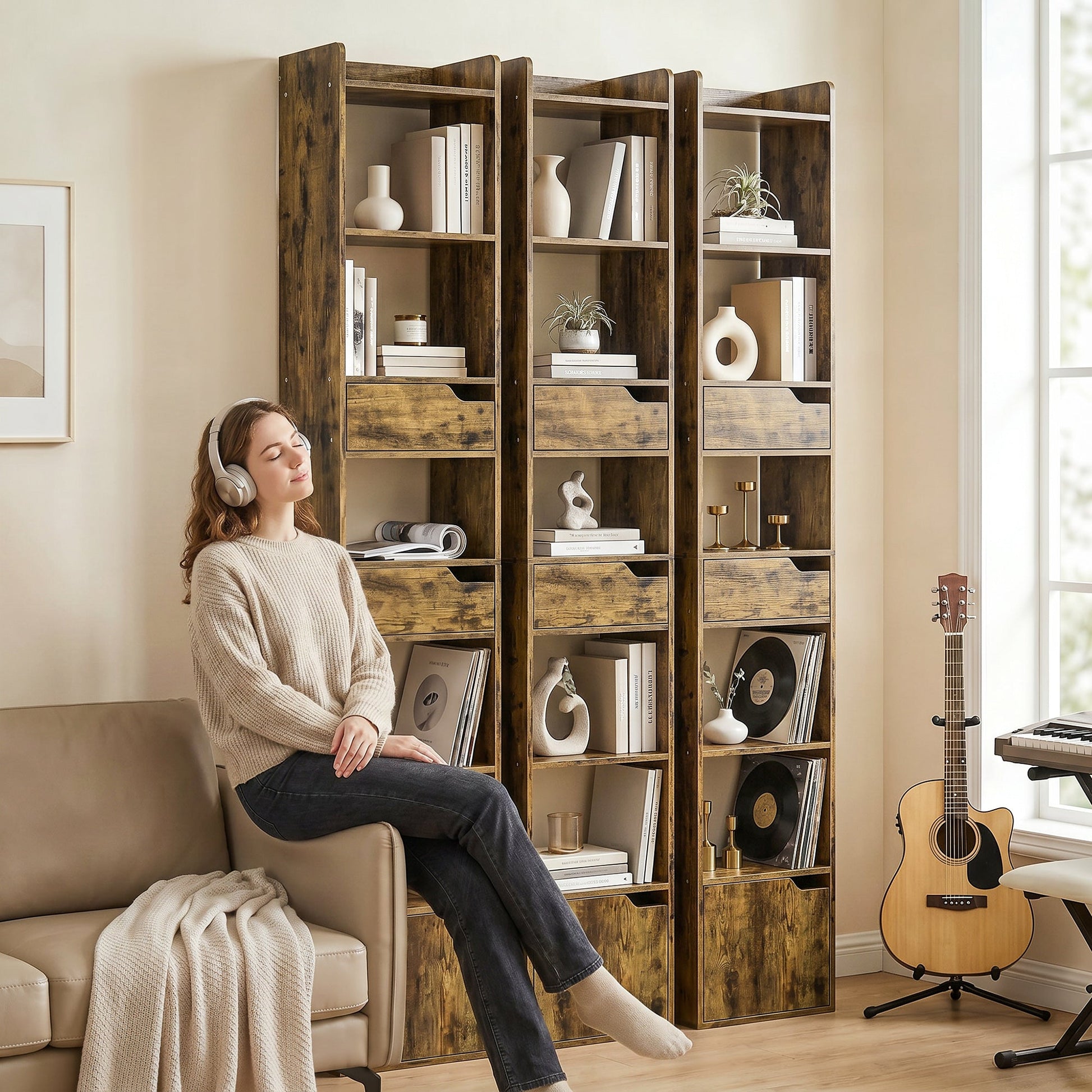 Bookcase with Drawers and Cabinet, 5-Tier Bookshelf, Narrow Tall Storage Cabinet with Anti-Tip for Living Room, Study, Home Office, Rustic Brown