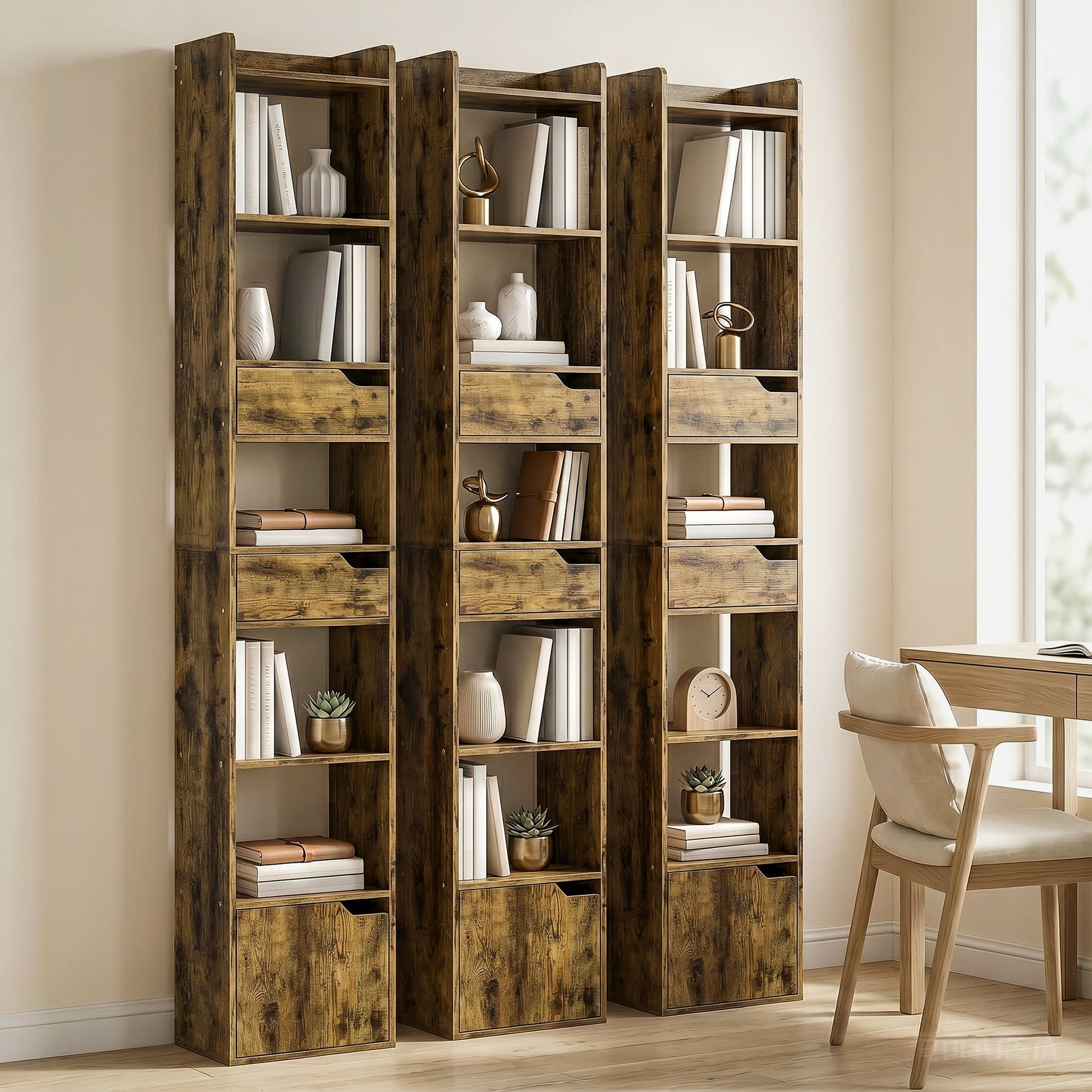 Bookcase with Drawers and Cabinet, 5-Tier Bookshelf, Narrow Tall Storage Cabinet with Anti-Tip for Living Room, Study, Home Office, Rustic Brown