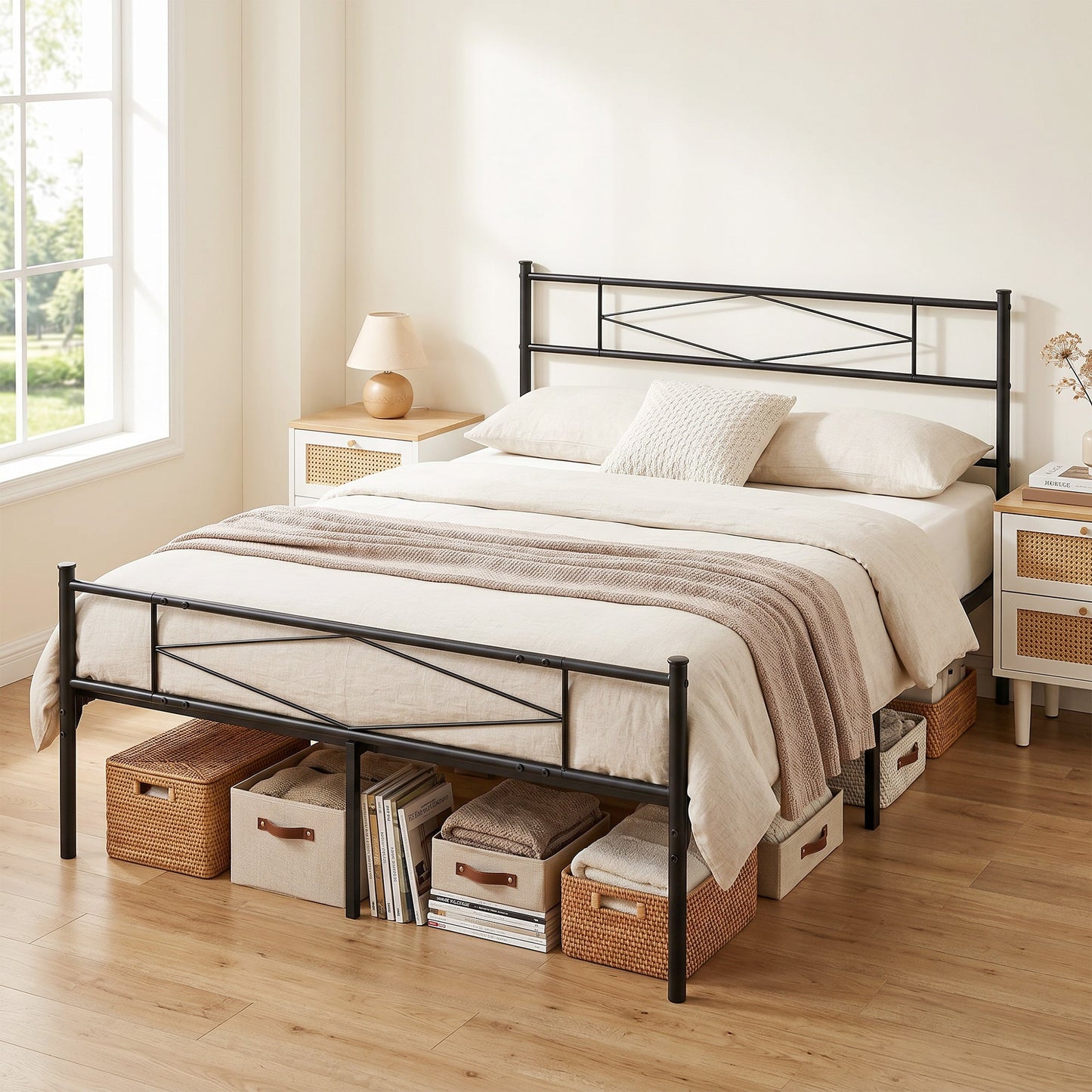 4ft6 Double Bed Frame with Headboard and Footboard, Metal Platform Bed Frame with 32 cm Underbed Storage, Steel Slat Support, Noise-Free, No Box Spring Needed, Easy Assembly, Black