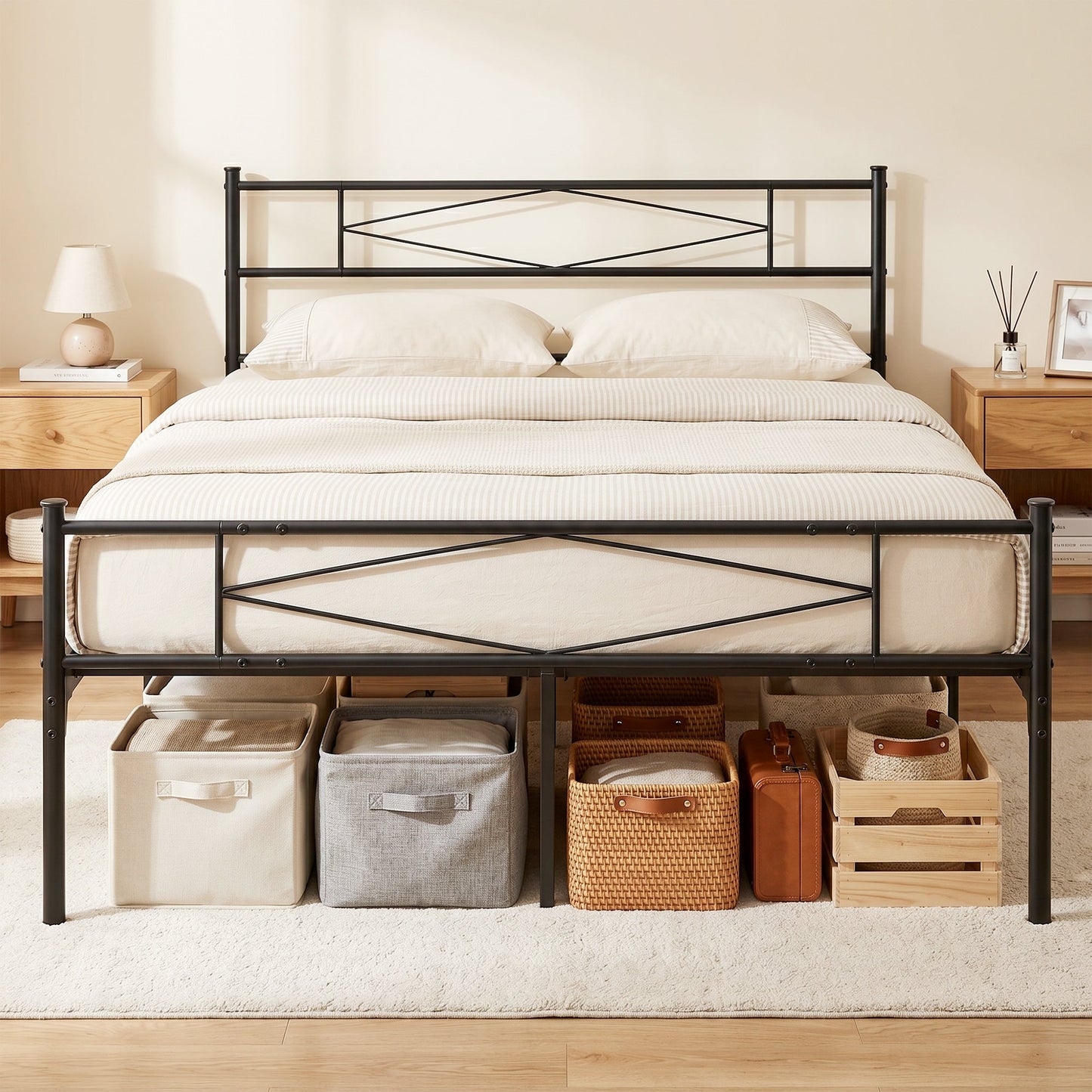 4ft6 Double Bed Frame with Headboard and Footboard, Metal Platform Bed Frame with 32 cm Underbed Storage, Steel Slat Support, Noise-Free, No Box Spring Needed, Easy Assembly, Black