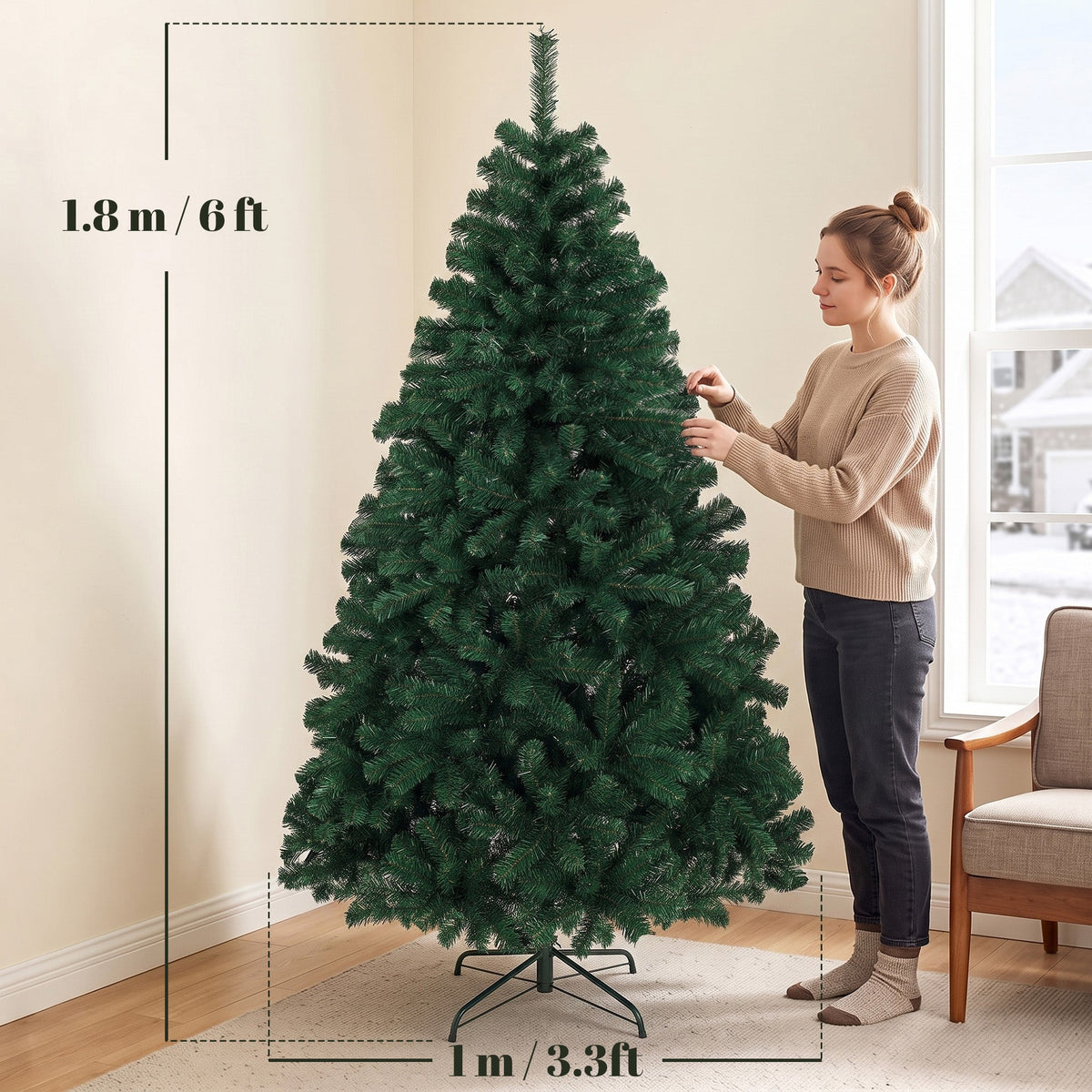 6ft/180cm Artificial Christmas Tree, Fir Hinged Xmas Tree with 700 Branch Tips, Foldable Steel Stand, Easy Assembly for Home Office Holiday Decoration, Green