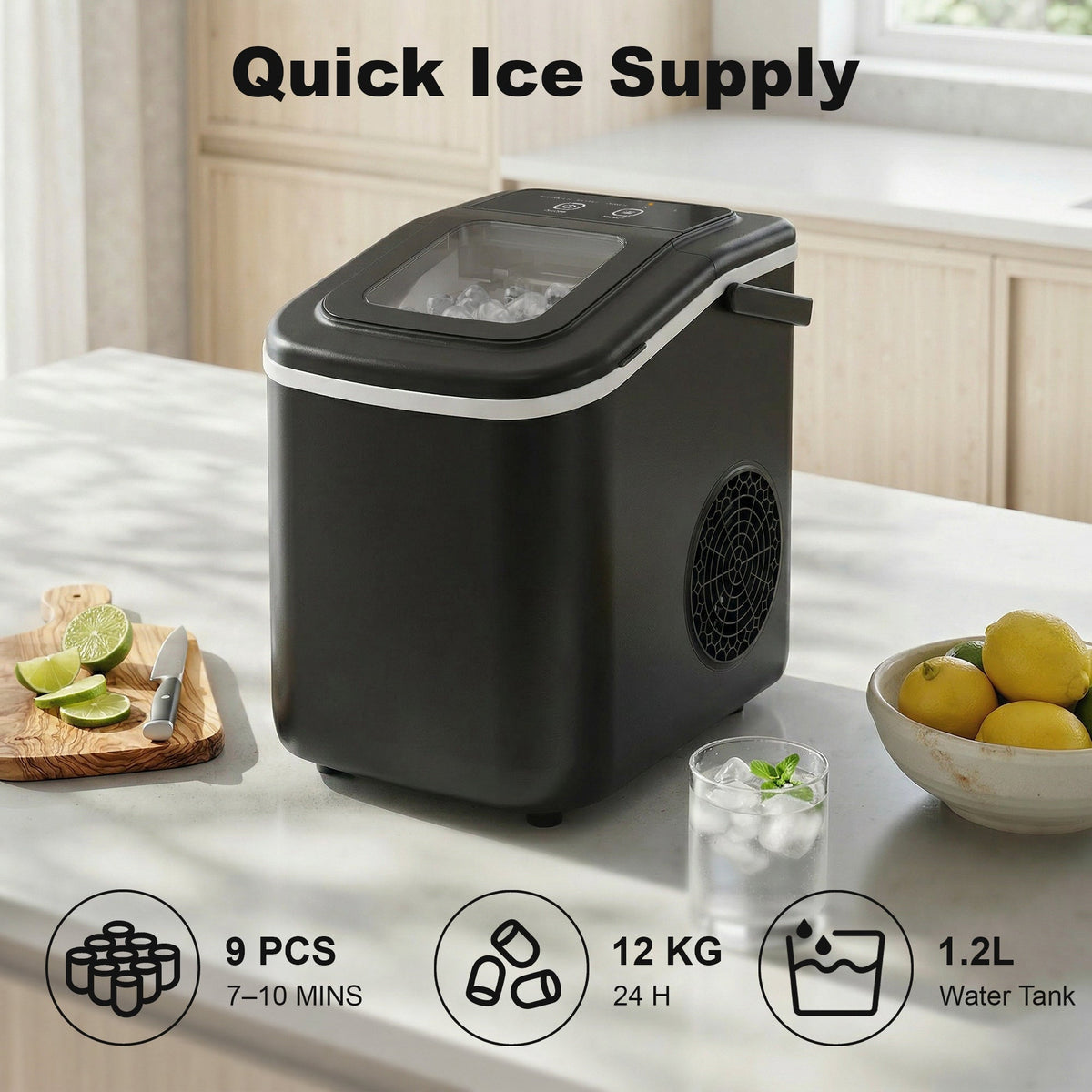 Ice Maker Machine Countertop, 12kg/24H, 9 Cubes in 7 Mins, 2 Sizes, Self-Cleaning Portable Ice Cube Maker with Handle, Scoop & Basket for Home Office Kitchen RV, Black