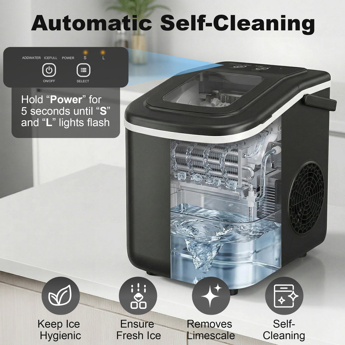 Ice Maker Machine Countertop, 12kg/24H, 9 Cubes in 7 Mins, 2 Sizes, Self-Cleaning Portable Ice Cube Maker with Handle, Scoop & Basket for Home Office Kitchen RV, Black