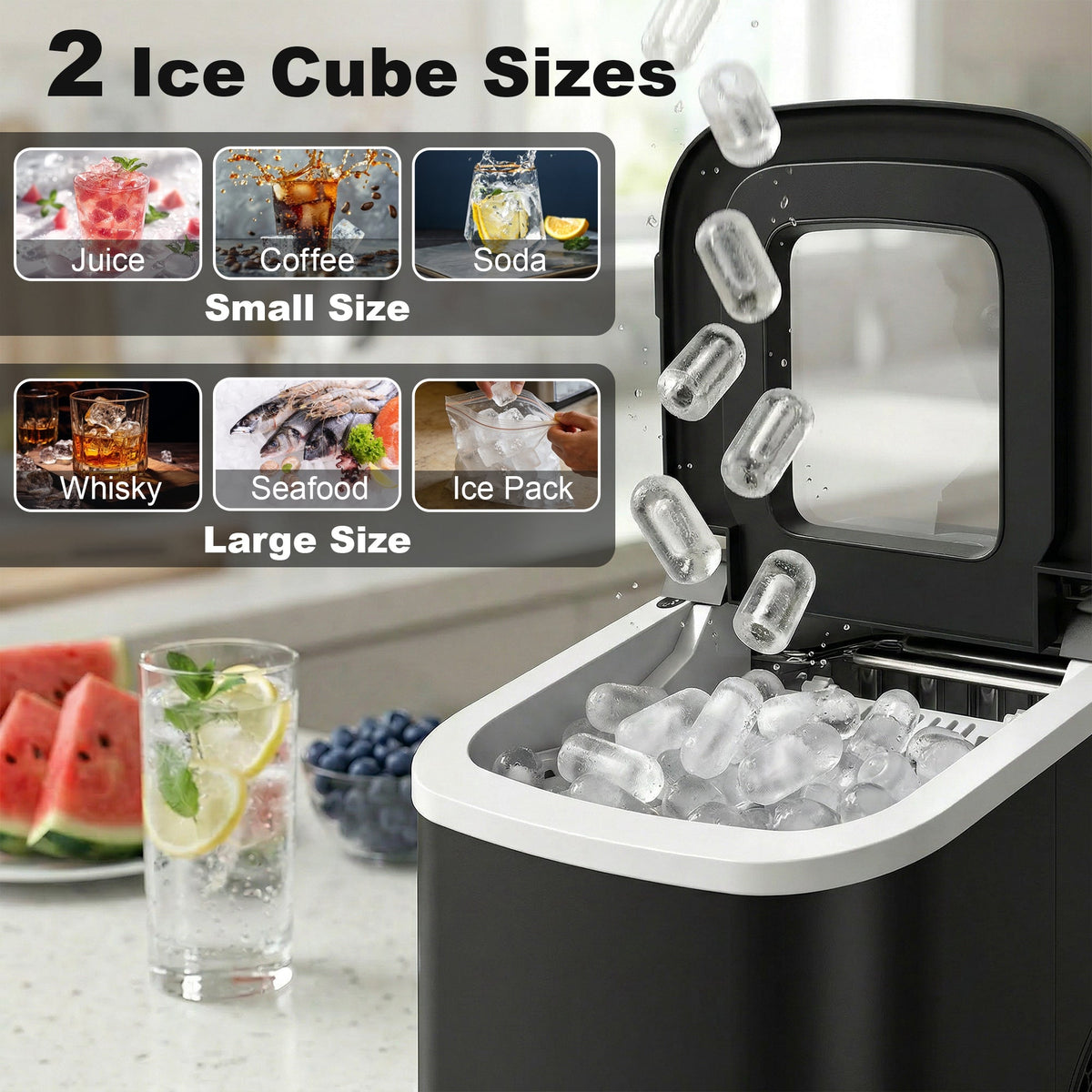 Ice Maker Machine Countertop, 12kg/24H, 9 Cubes in 7 Mins, 2 Sizes, Self-Cleaning Portable Ice Cube Maker with Handle, Scoop & Basket for Home Office Kitchen RV, Black