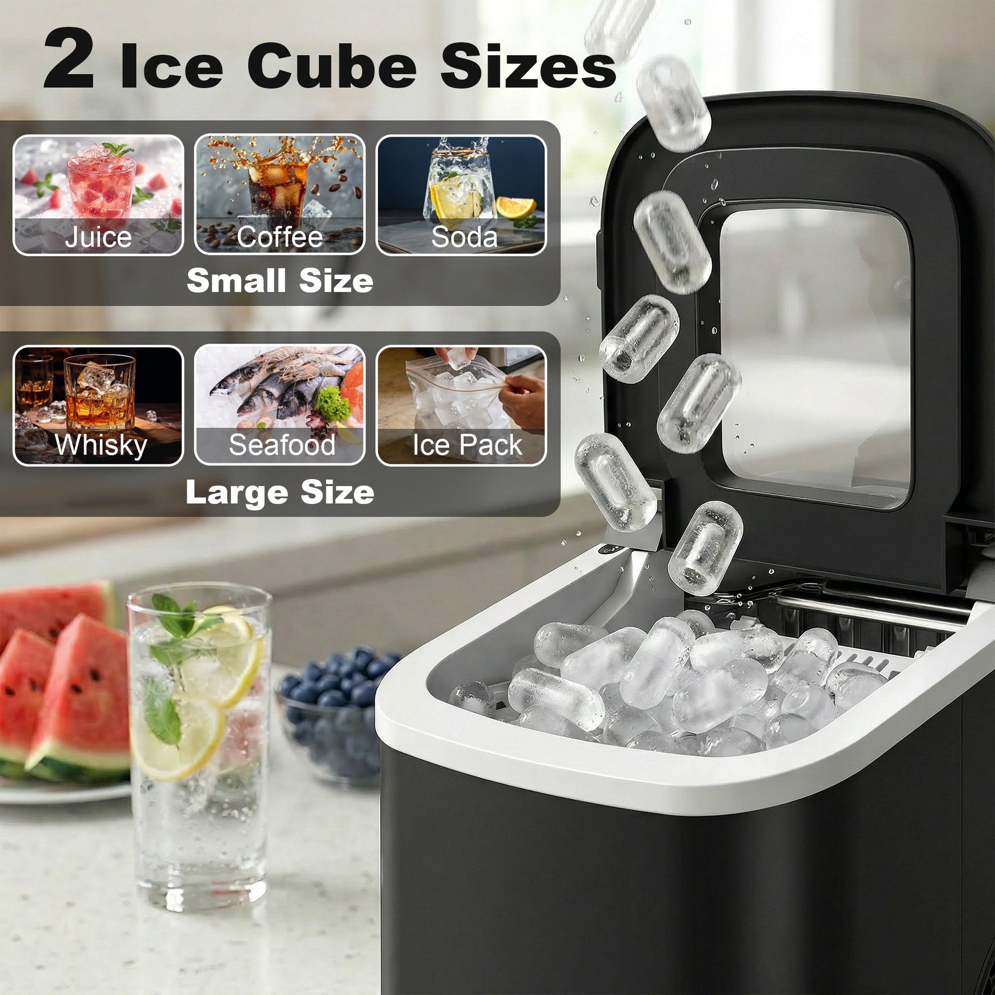 Ice Maker Machine Countertop, 12kg/24H, 9 Cubes in 7 Mins, 2 Sizes, Self-Cleaning Portable Ice Cube Maker with Handle, Scoop & Basket for Home Office Kitchen RV, Black