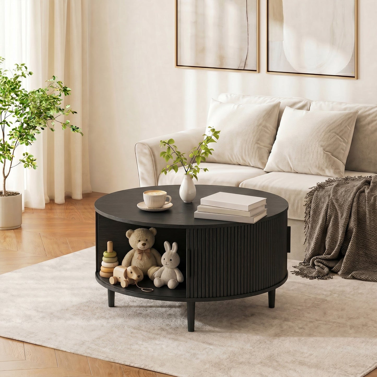 Round Coffee Table with Storage, 80 cm Modern Centre Table with Fluted Sliding Cabinet Door and Lift Top, Wood Circle Drum Table for Living Room, Black Wood Effect