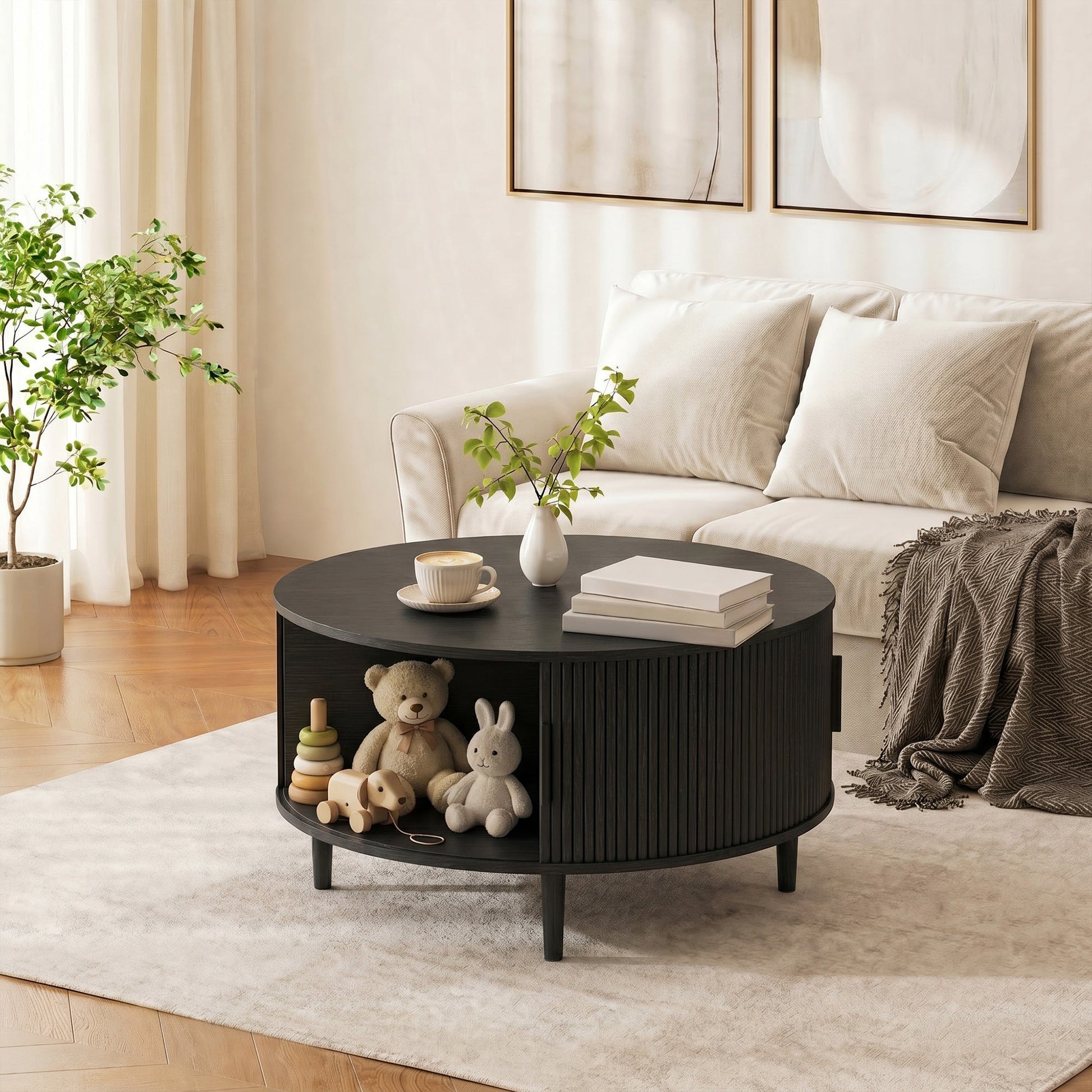 Round Coffee Table with Storage, 80 cm Modern Centre Table with Fluted Sliding Cabinet Door and Lift Top, Wood Circle Drum Table for Living Room, Black Wood Effect