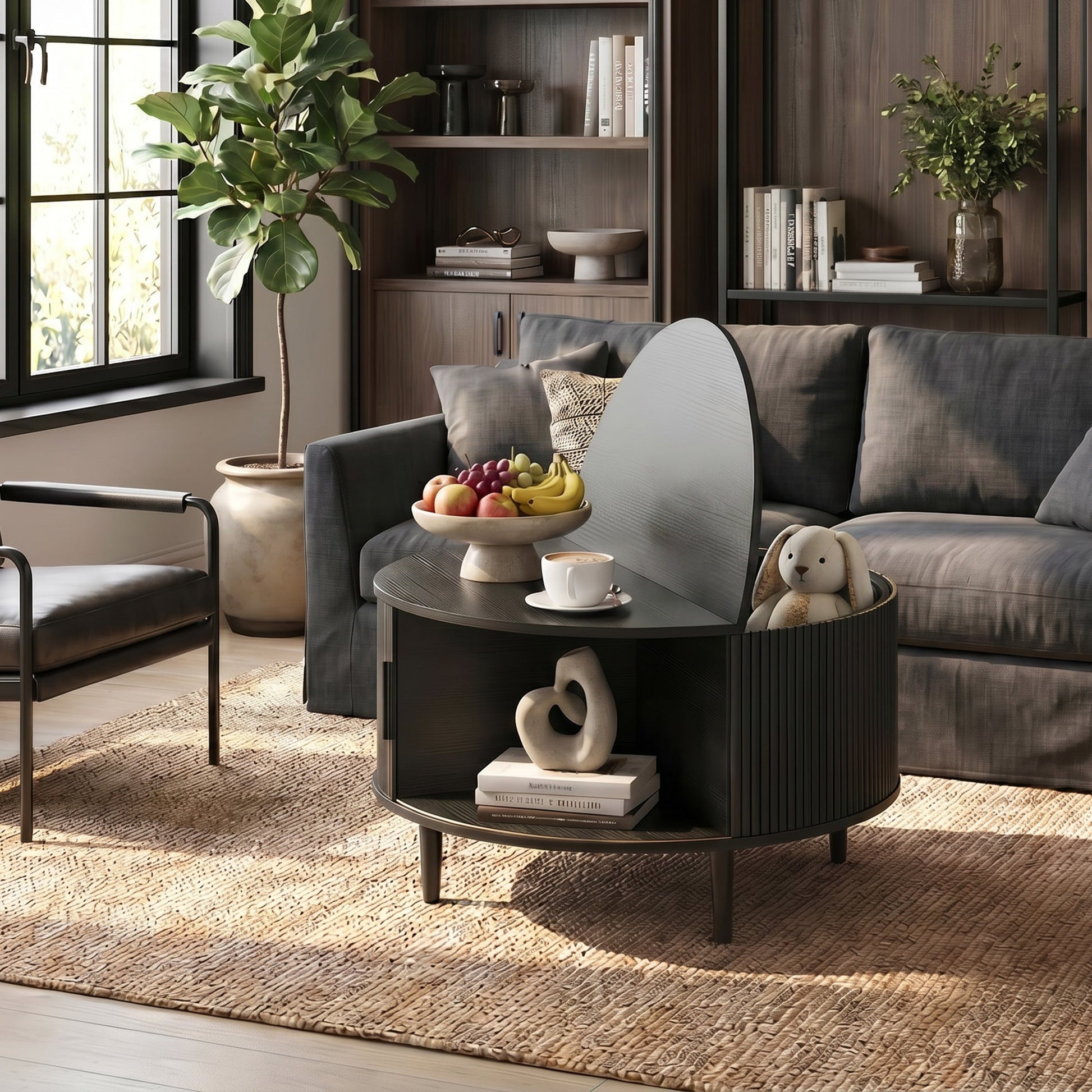 Round Coffee Table with Storage, 80 cm Modern Centre Table with Fluted Sliding Cabinet Door and Lift Top, Wood Circle Drum Table for Living Room, Black Wood Effect