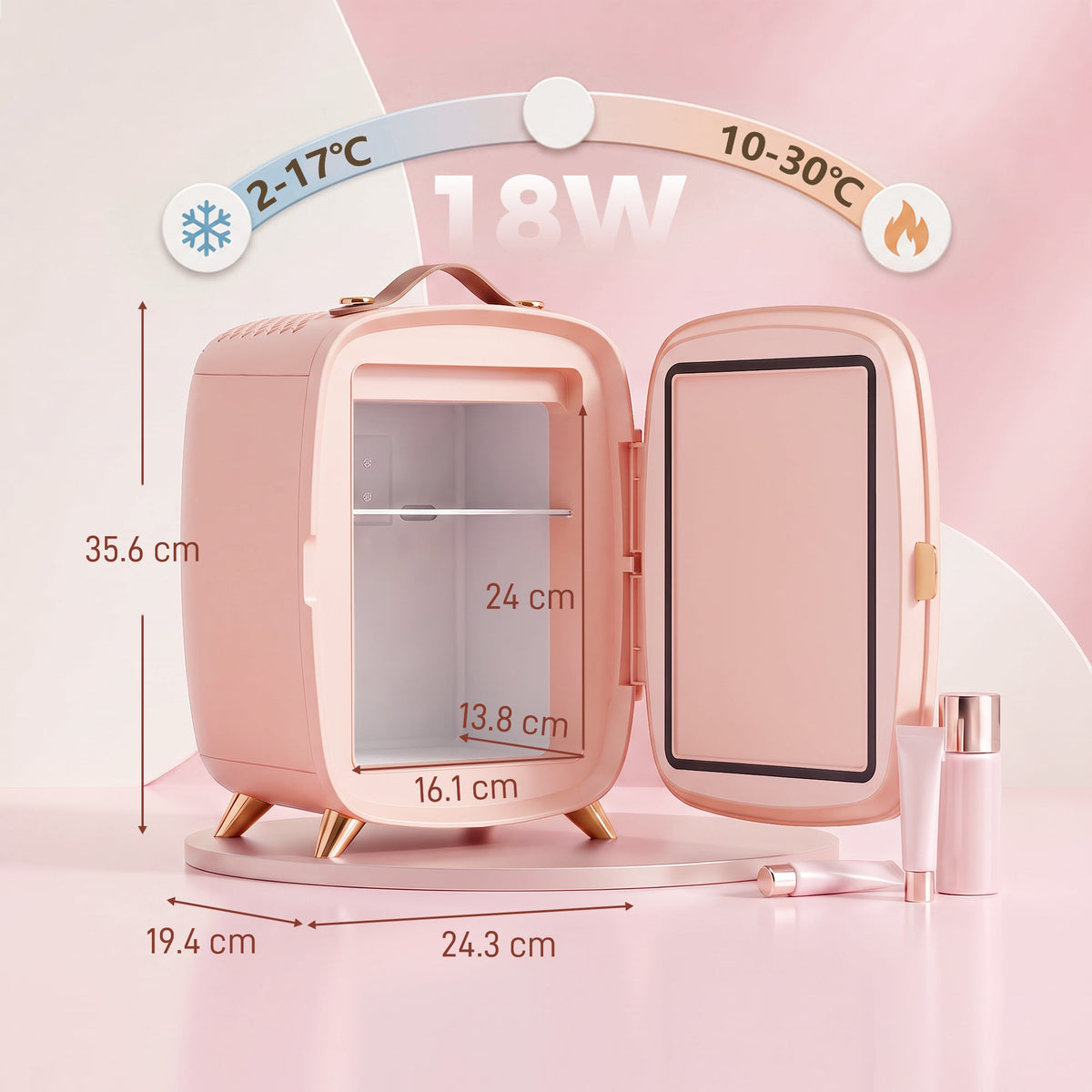 6L Mini Cosmetic Fridge with LED Mirror, Cooling Function, Skincare Refrigerator for Bedroom, Skincare, Office, Pink