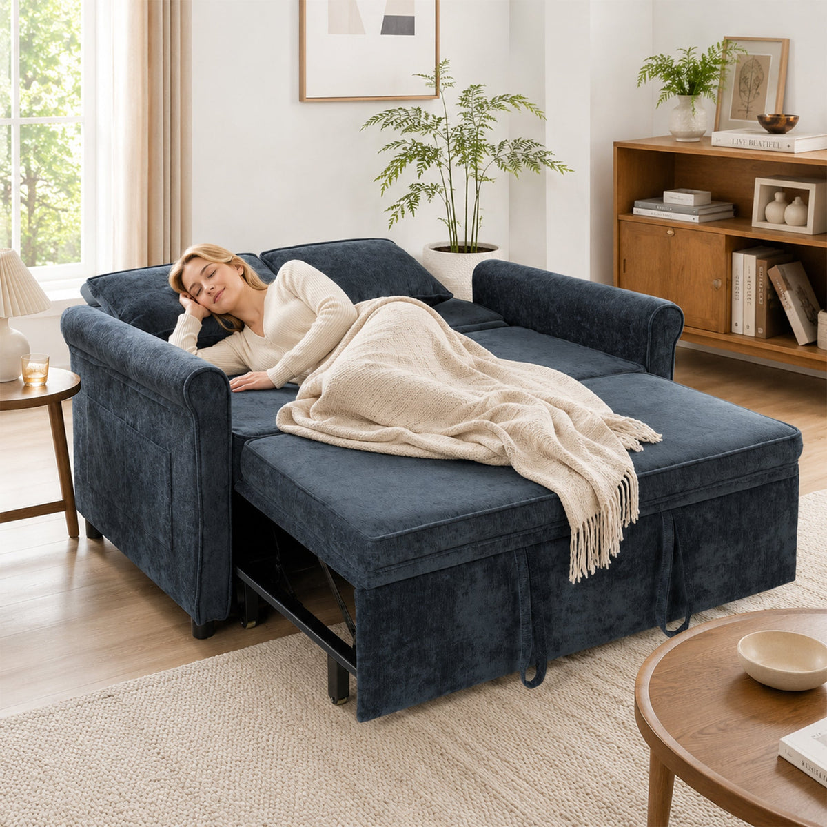 2 Seater Sofa Bed, 3-in-1 Convertible Pull Out Double Sleeper Sofa 190 x 130 cm, 5-Position Adjustable Backrest, Chenille Loveseat Bed Settee for Living Room, Bedroom, Guest Room, Dark Blue